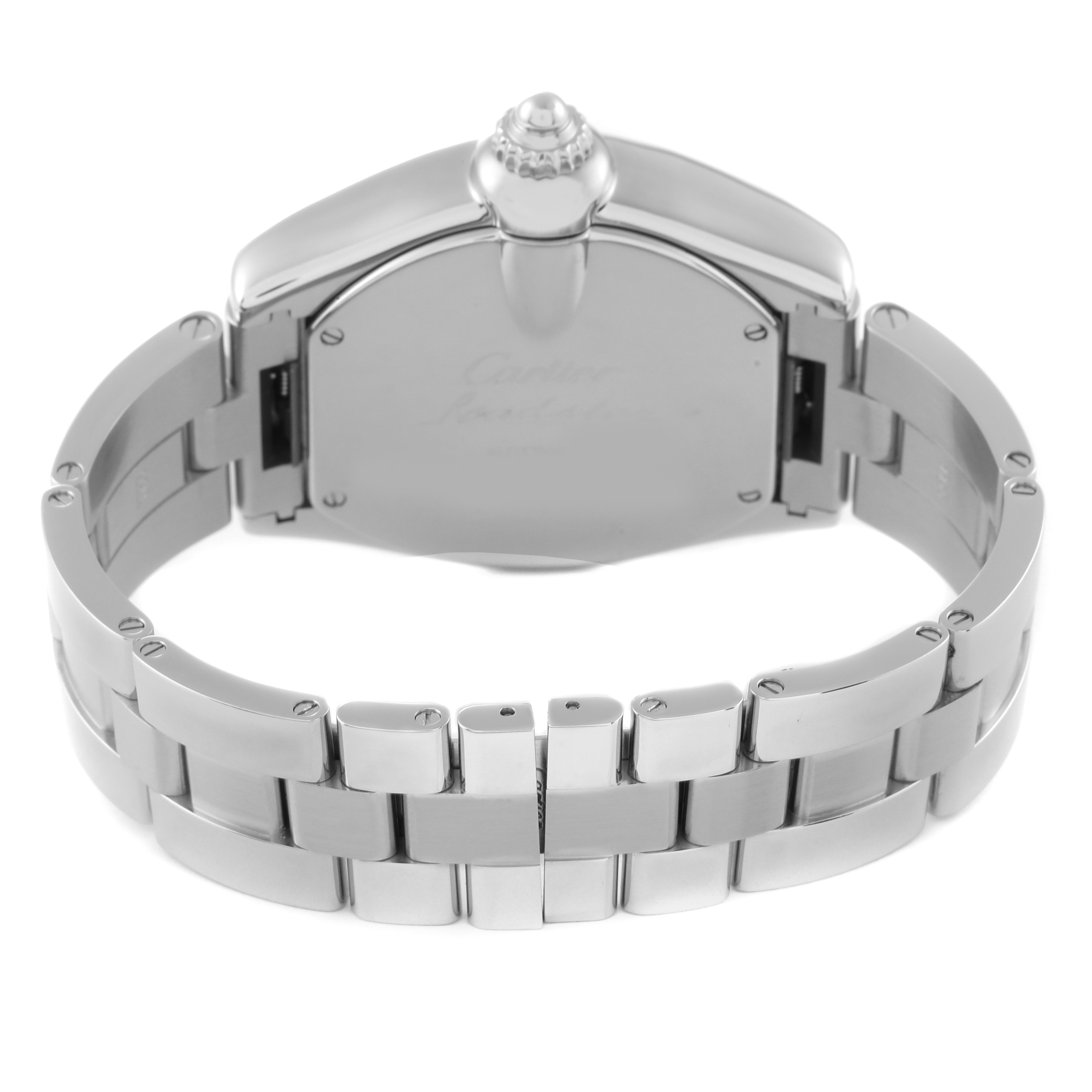 This image shows the back view of the Cartier Roadster W62032X6 Men's Stainless Steel Silver Dial W62032X6 Men's Stainless Steel Silver Dial watch, focusing on the case and metal bracelet.