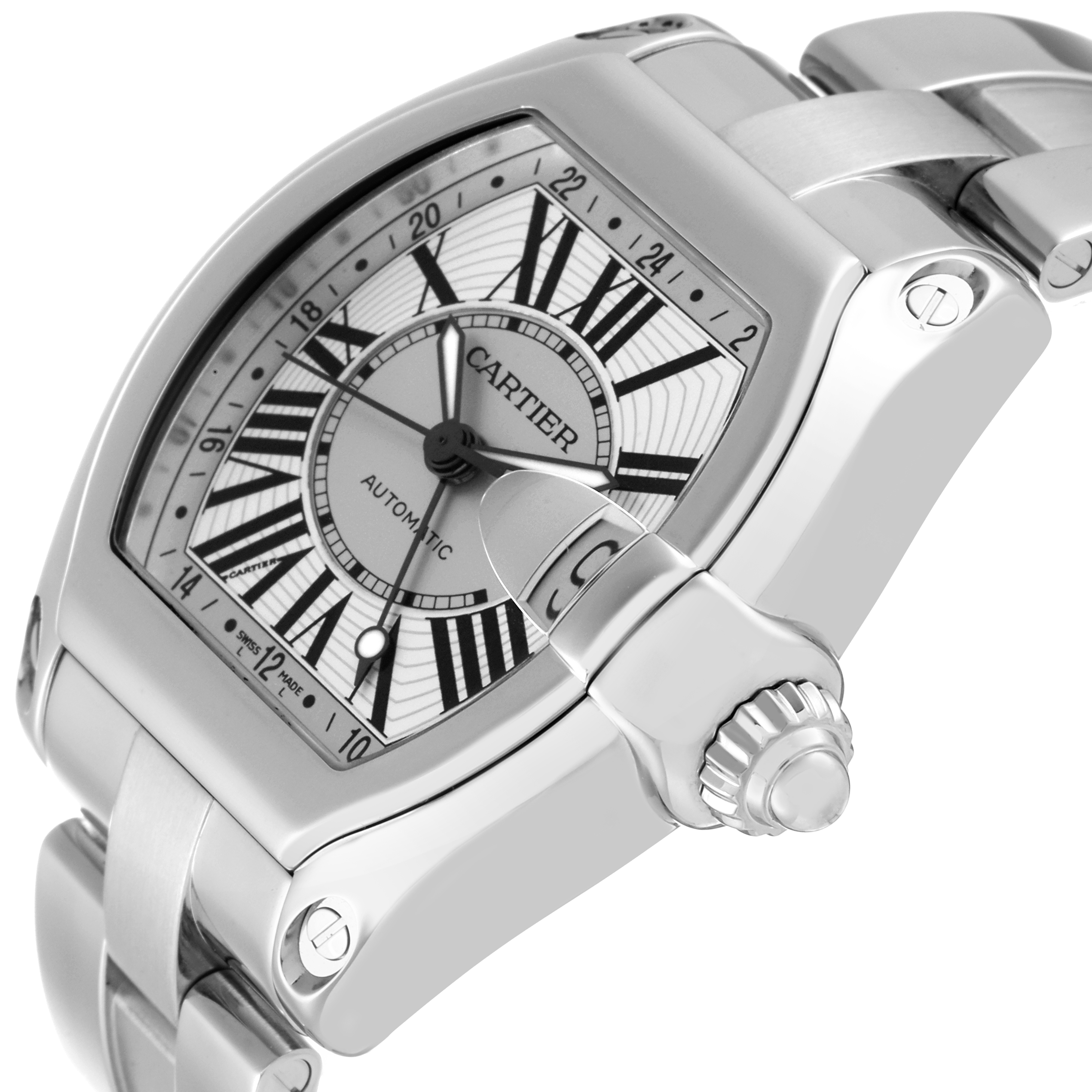 The image shows a close-up angle of the Cartier Roadster W62032X6 Men's Stainless Steel Silver Dial W62032X6 Men's Stainless Steel Silver Dial watch, highlighting its dial, crown, and part of the bracelet.