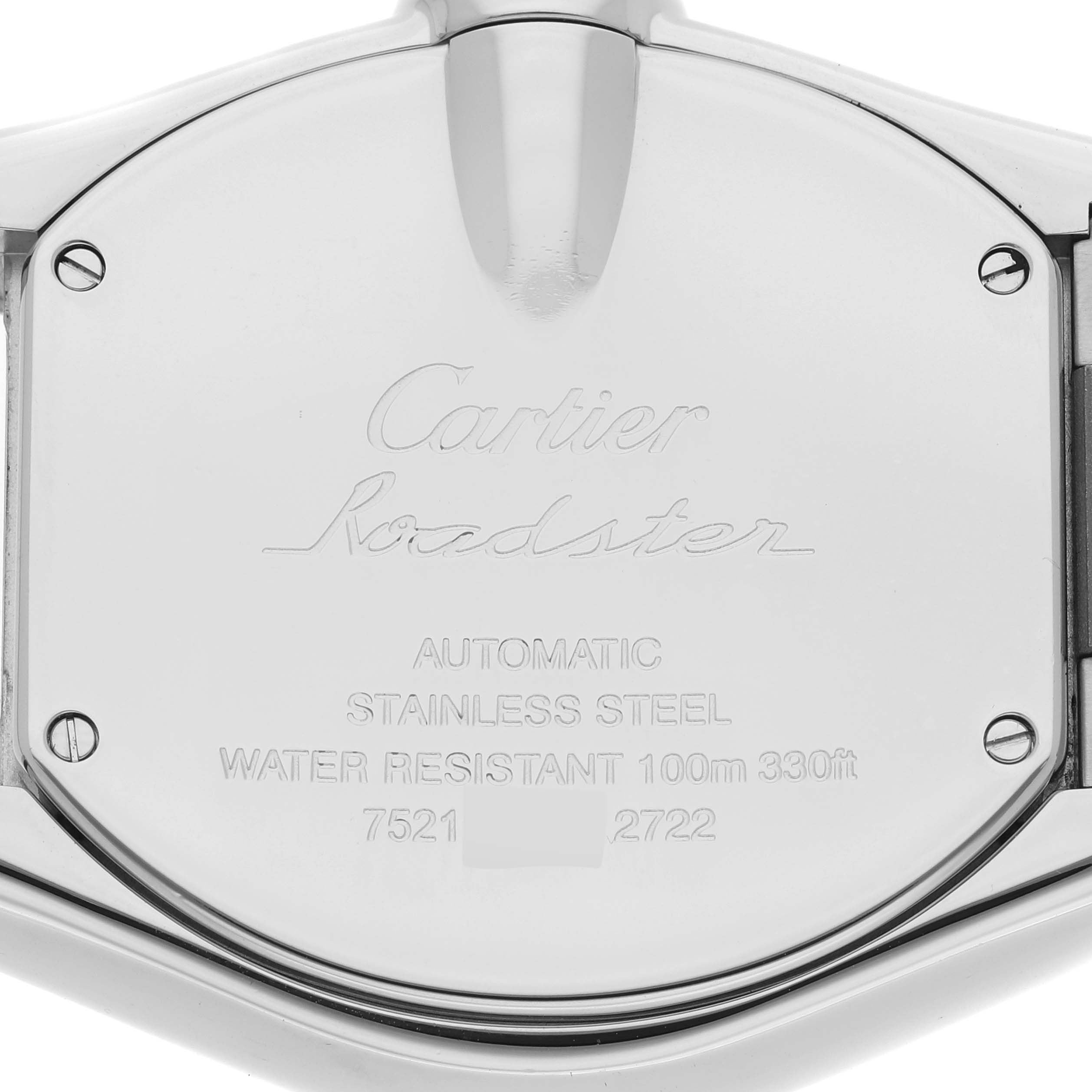 The image shows the back case of a Cartier Roadster W62032X6 Men's Stainless Steel Silver Dial W62032X6 Men's Stainless Steel Silver Dial watch, highlighting the engravings and screws on the stainless steel surface.