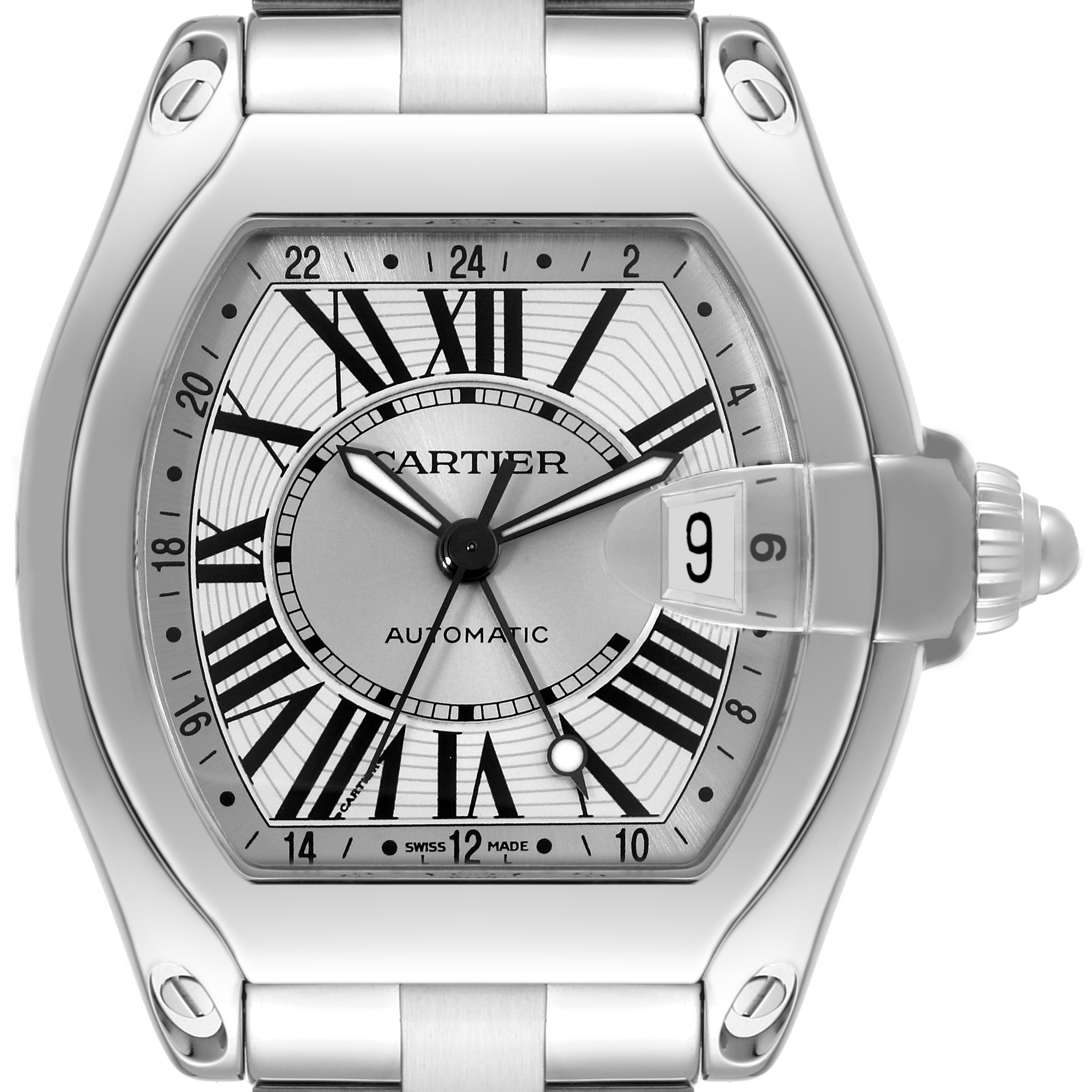 The image shows a frontal view of the Cartier Roadster W62032X6 Men's Stainless Steel Silver Dial W62032X6 Men's Stainless Steel Silver Dial watch, displaying its dial, hands, date window, and part of the strap.
