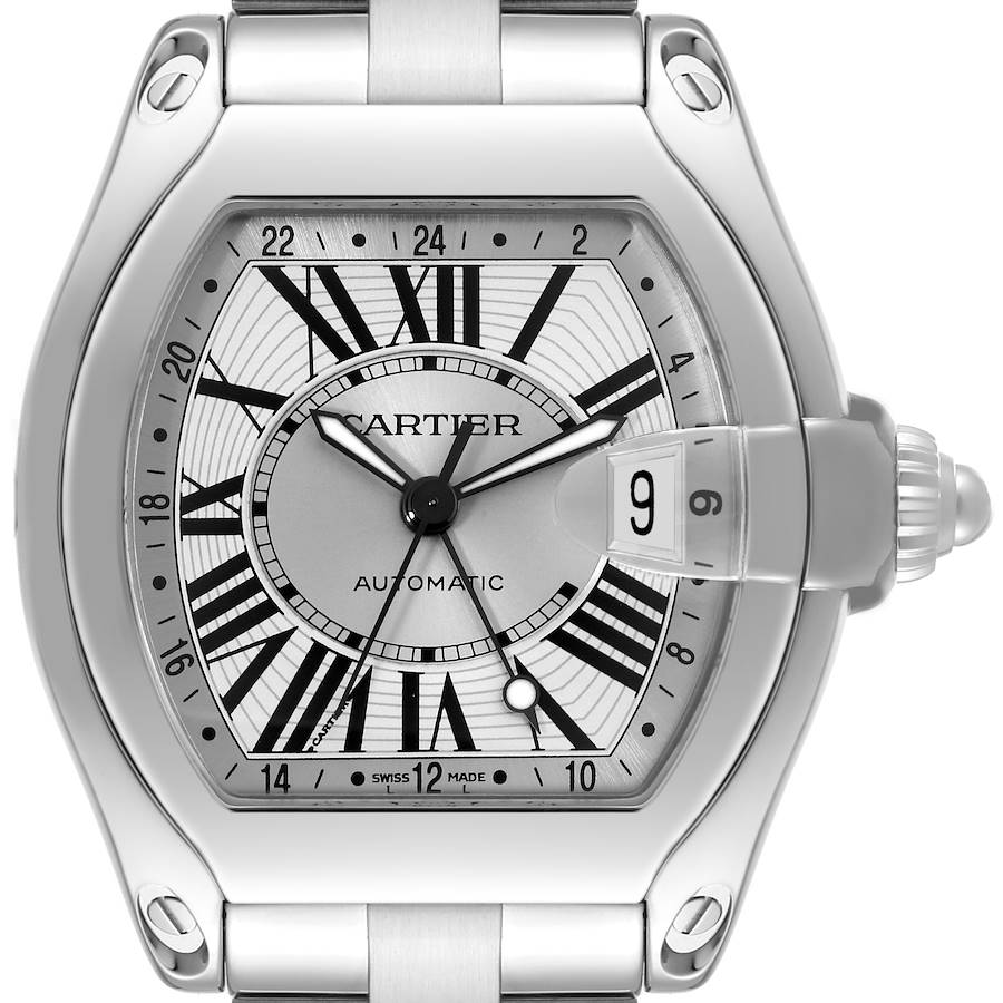 Cartier Roadster GMT Silver Dial Steel Mens Watch W62032X6 SwissWatchExpo
