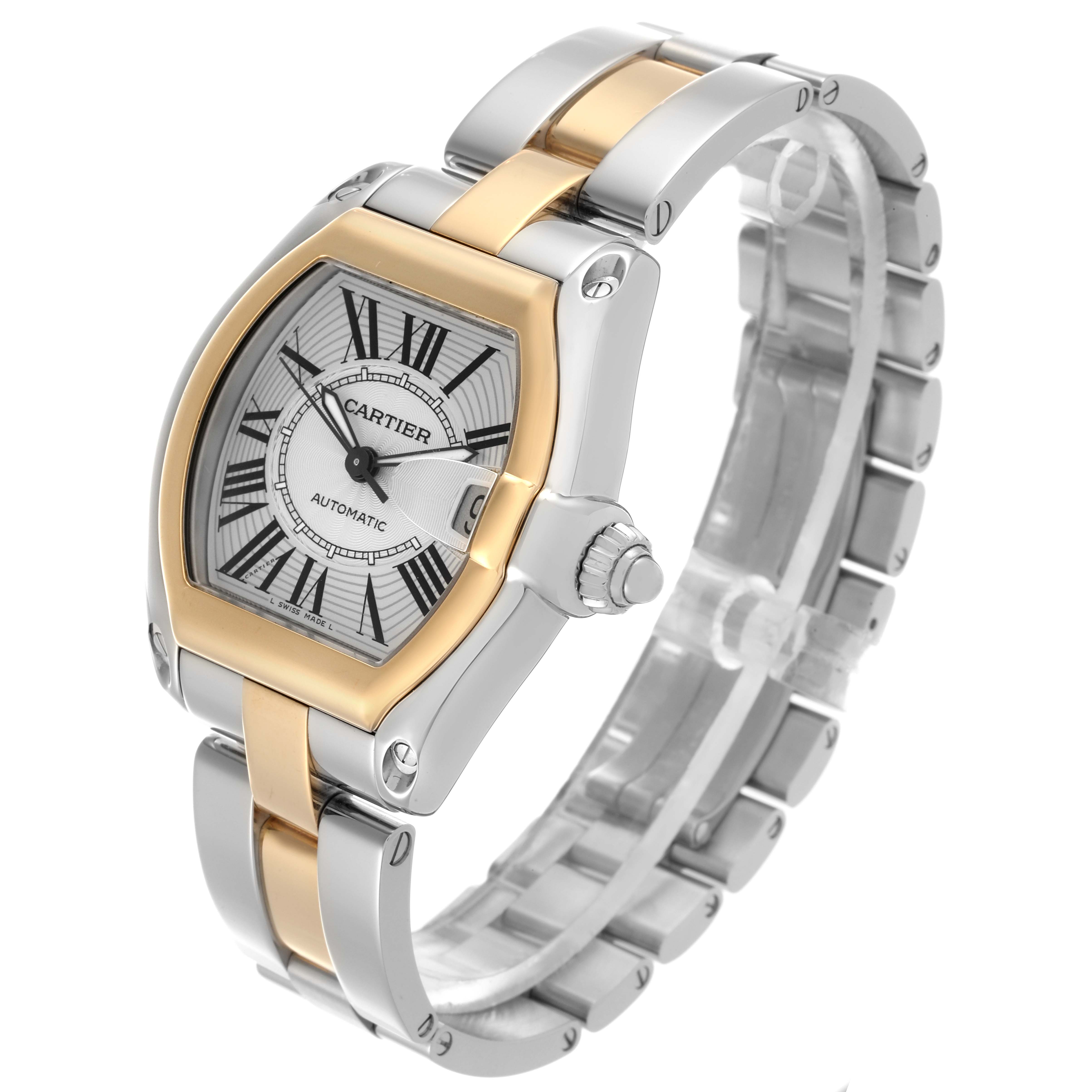 The Cartier Roadster W62031Y4 Men's Steel and Gold (two tone) Silver Dial W62031Y4 Men's Steel and Gold (two tone) Silver Dial watch is shown at an angled, top-front view, highlighting the face, crown, and bracelet.