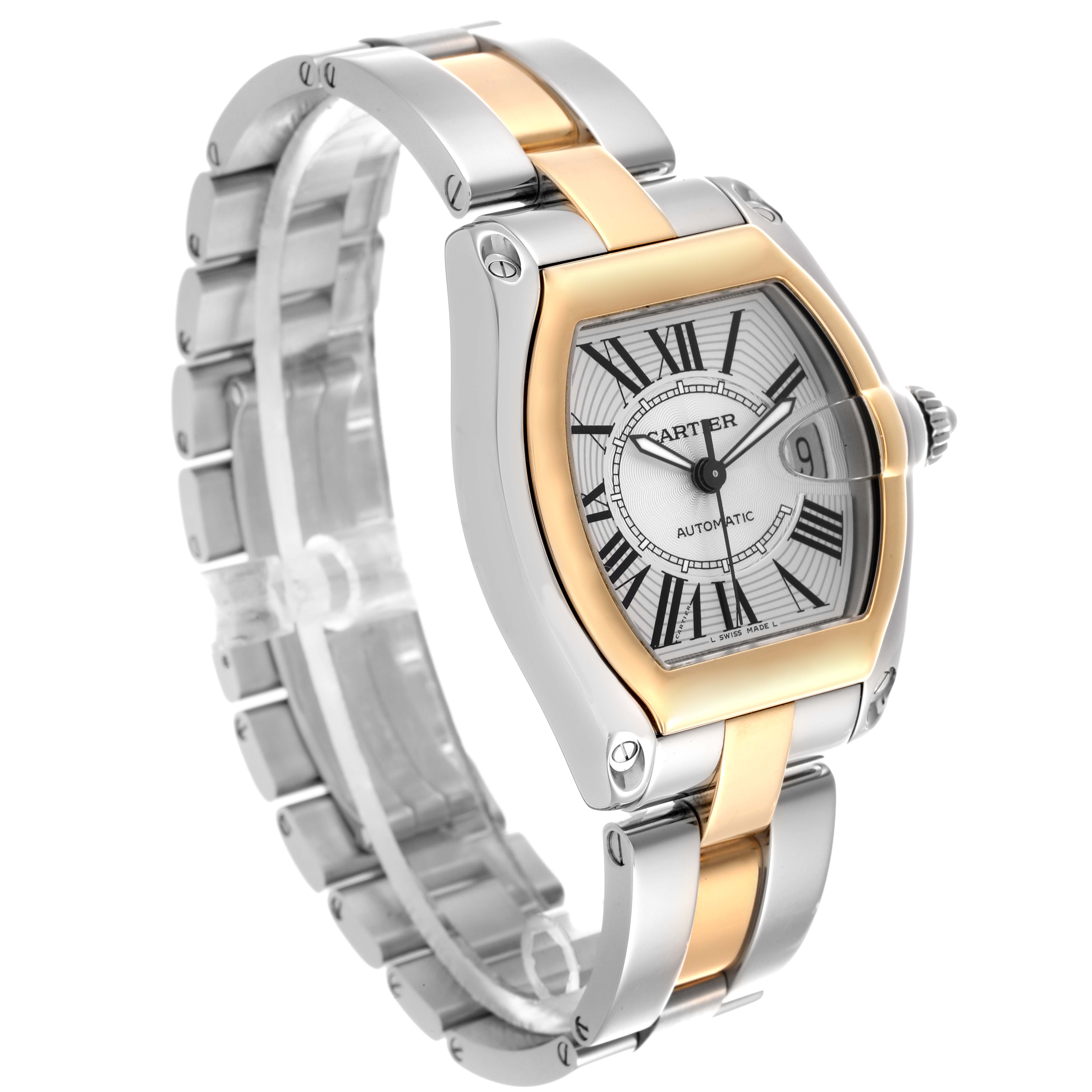 The Cartier Roadster W62031Y4 Men's Steel and Gold (two tone) Silver Dial W62031Y4 Men's Steel and Gold (two tone) Silver Dial watch is shown at a three-quarter angle, highlighting the two-tone bracelet and distinctive dial design.