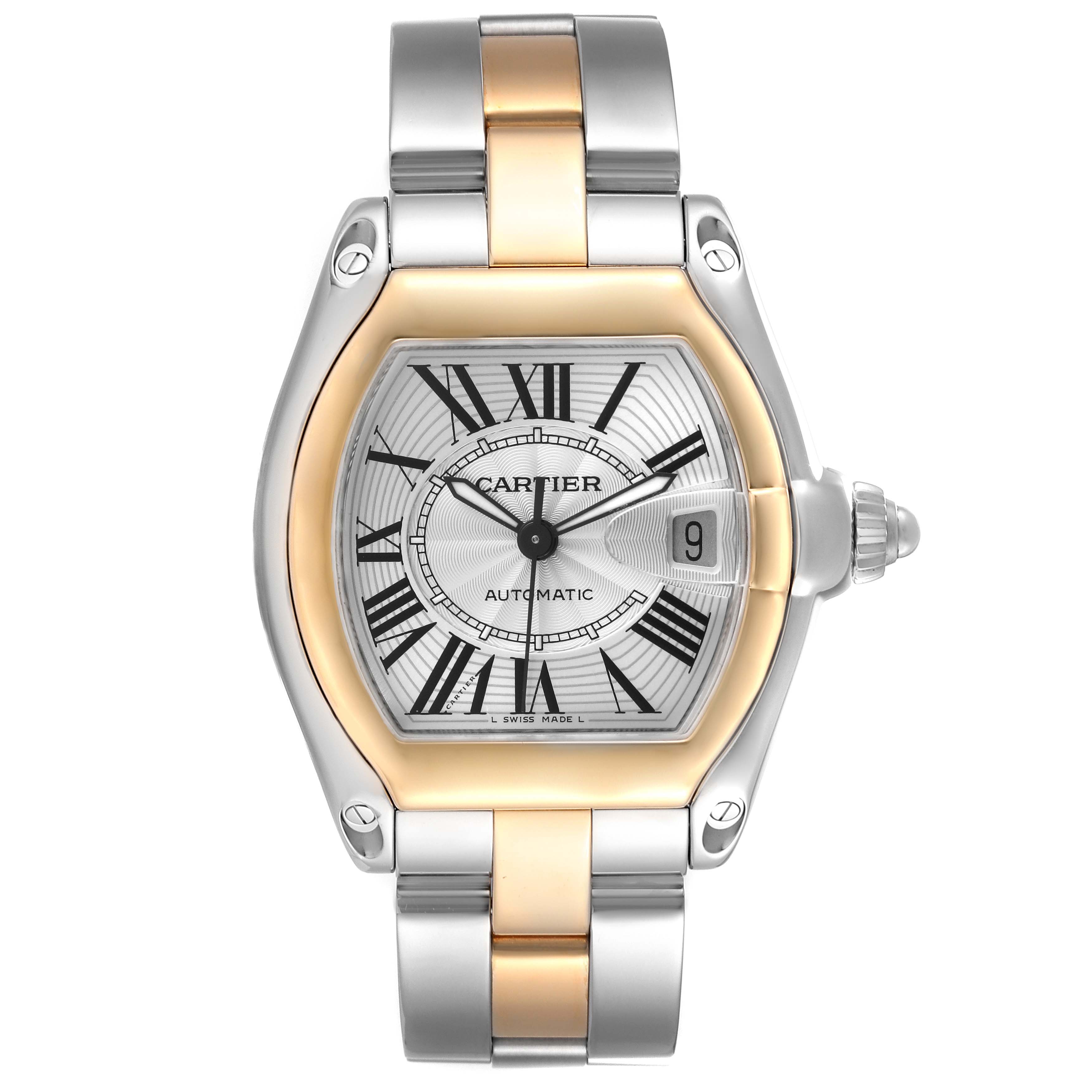The Cartier Roadster W62031Y4 Men's Steel and Gold (two tone) Silver Dial W62031Y4 Men's Steel and Gold (two tone) Silver Dial watch is shown from the front, displaying the dial, hands, bracelet, and crown.