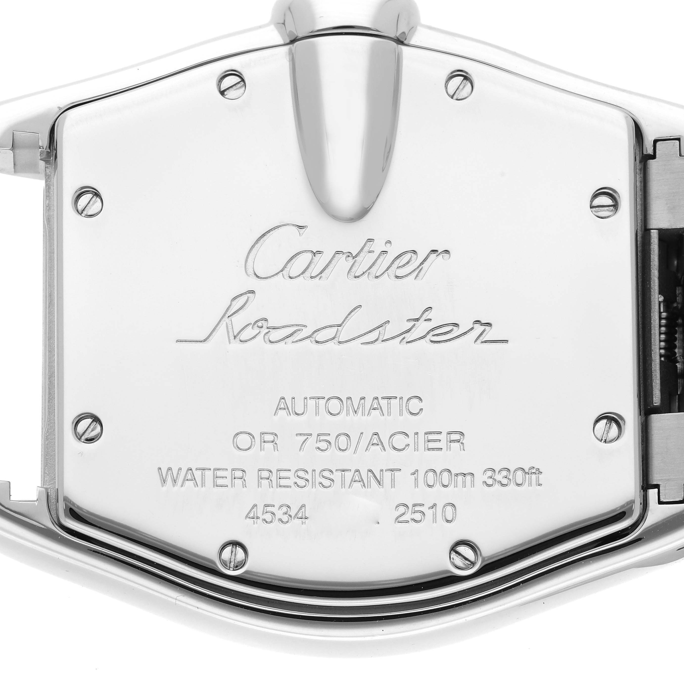 The image shows the case back of the Cartier Roadster W62031Y4 Men's Steel and Gold (two tone) Silver Dial W62031Y4 Men's Steel and Gold (two tone) Silver Dial watch, displaying brand engravings and specifications.