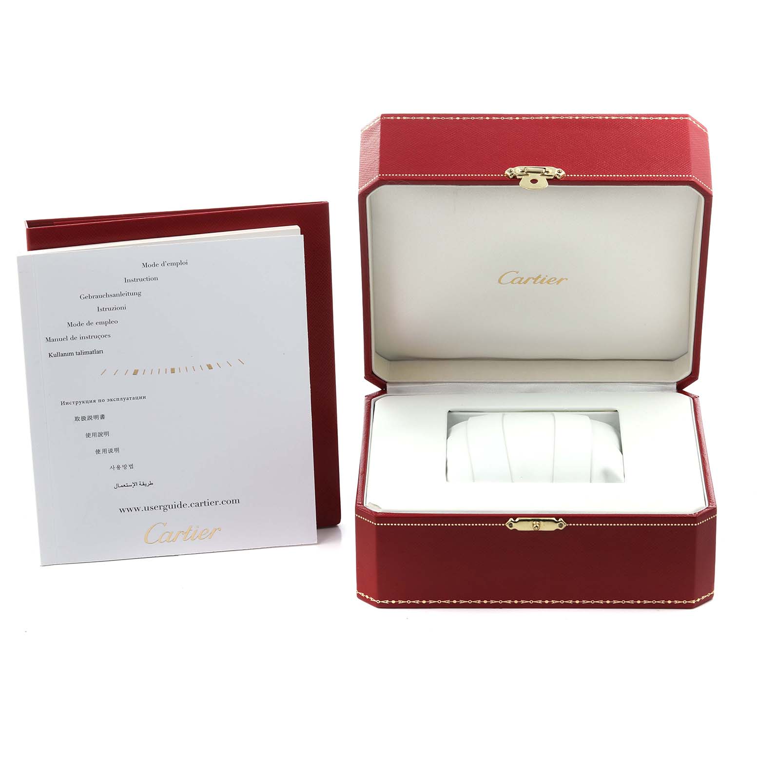 The image shows the Cartier Roadster W62031Y4 Men's Steel and Gold (two tone) Silver Dial W62031Y4 Men's Steel and Gold (two tone) Silver Dial watch box, open with an empty pillow, and the instruction booklet.