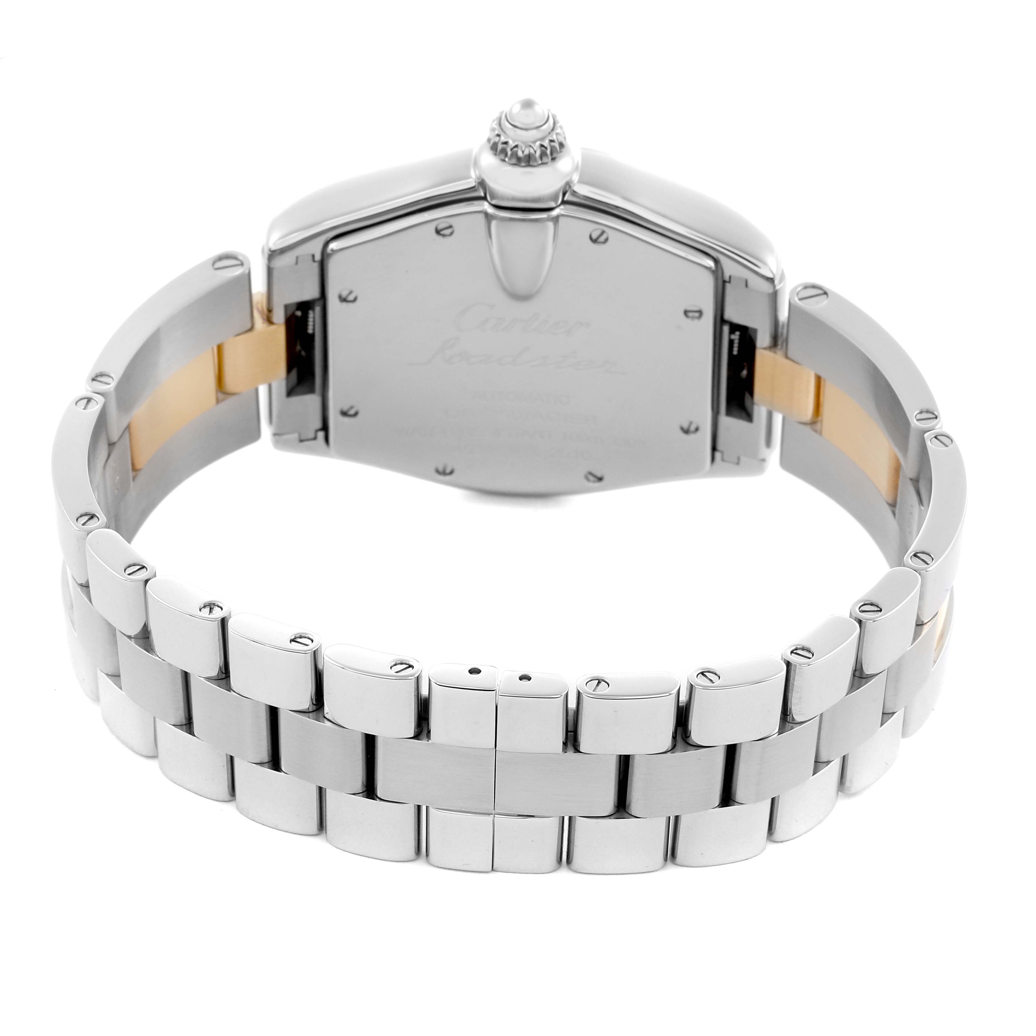 The image shows the back case and bracelet of a Cartier Roadster W62031Y4 Men's Steel and Gold (two tone) Silver Dial W62031Y4 Men's Steel and Gold (two tone) Silver Dial watch from a rear angle.
