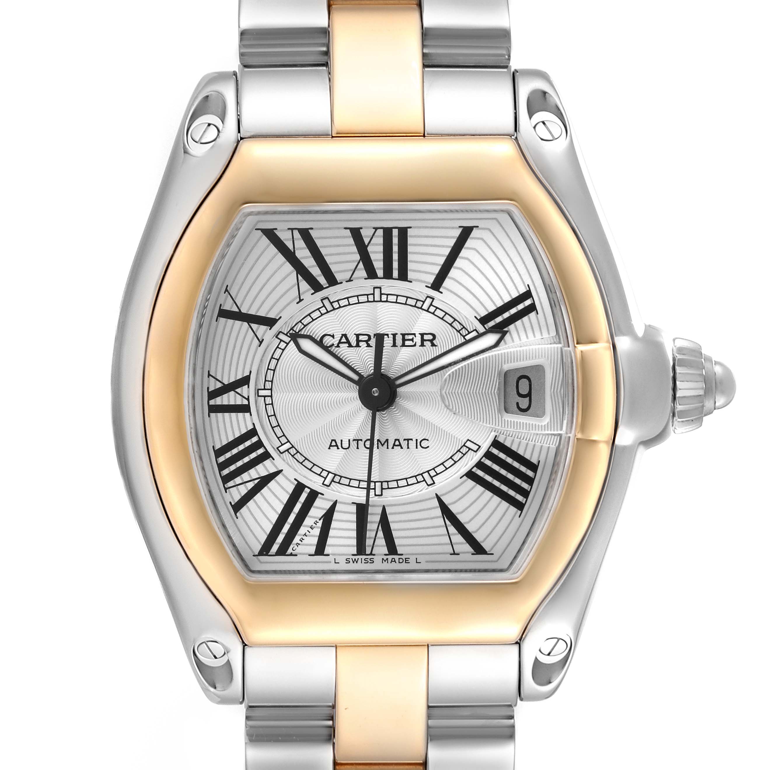 The Cartier Roadster W62031Y4 Men's Steel and Gold (two tone) Silver Dial W62031Y4 Men's Steel and Gold (two tone) Silver Dial watch is shown from a front angle, displaying the face, bezel, crown, and part of the bracelet.