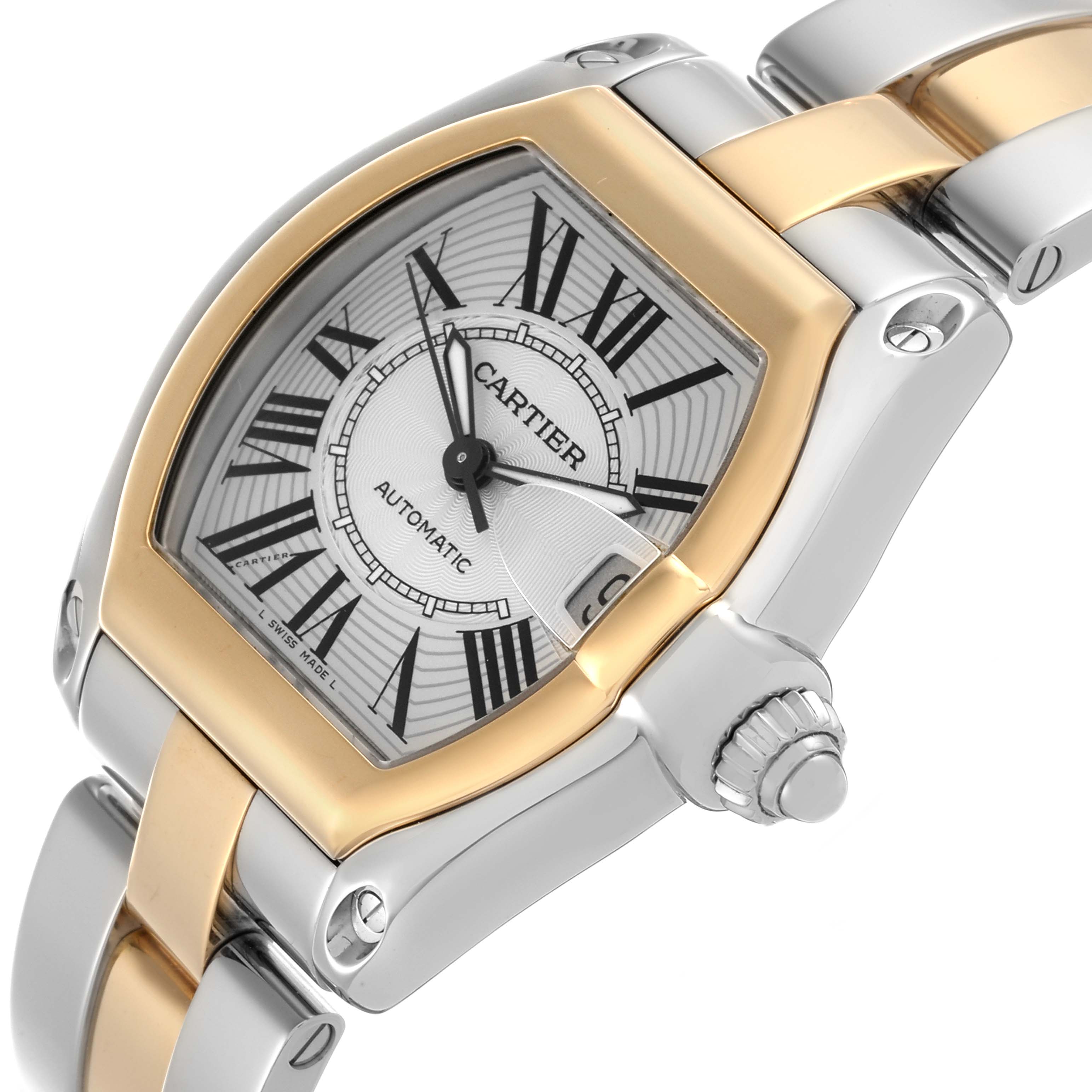 The Cartier Roadster W62031Y4 Men's Steel and Gold (two tone) Silver Dial W62031Y4 Men's Steel and Gold (two tone) Silver Dial watch is shown from an angled front view highlighting its face, bezel, and crown.