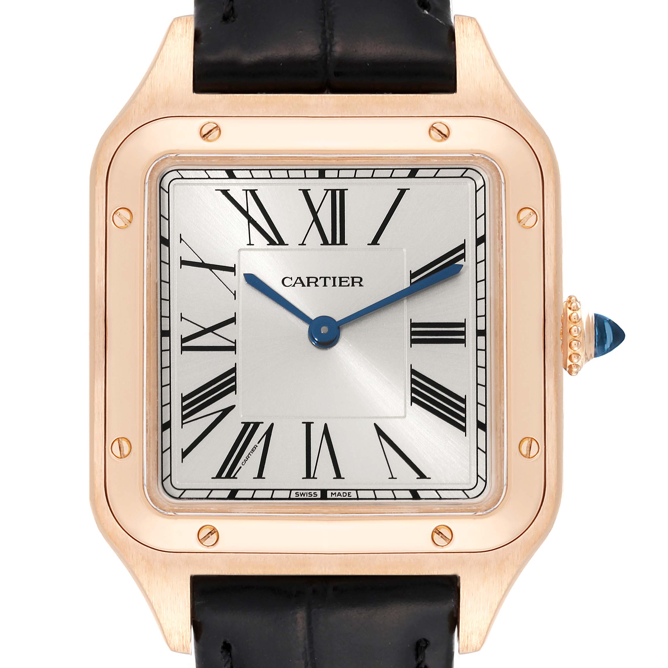 The image shows a front view of a Cartier Santos Dumont WGSA0021 Men's Rose Gold Silver Dial WGSA0021 Men's Rose Gold Silver Dial watch, highlighting its face, bezel, and strap attachment.