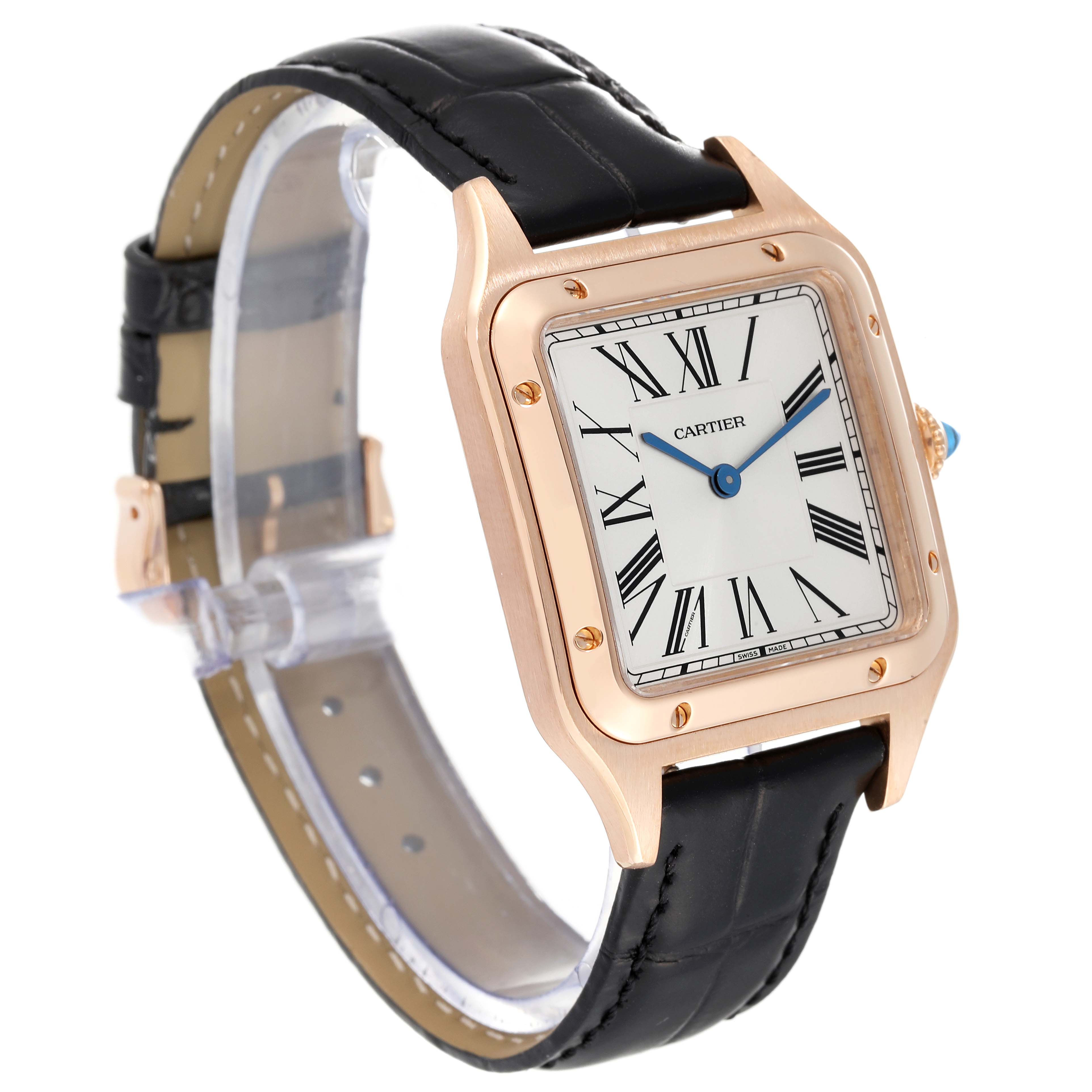The image shows a Cartier Santos Dumont WGSA0021 Men's Rose Gold Silver Dial WGSA0021 Men's Rose Gold Silver Dial watch at an angle highlighting the face, bezel, crown, and strap.