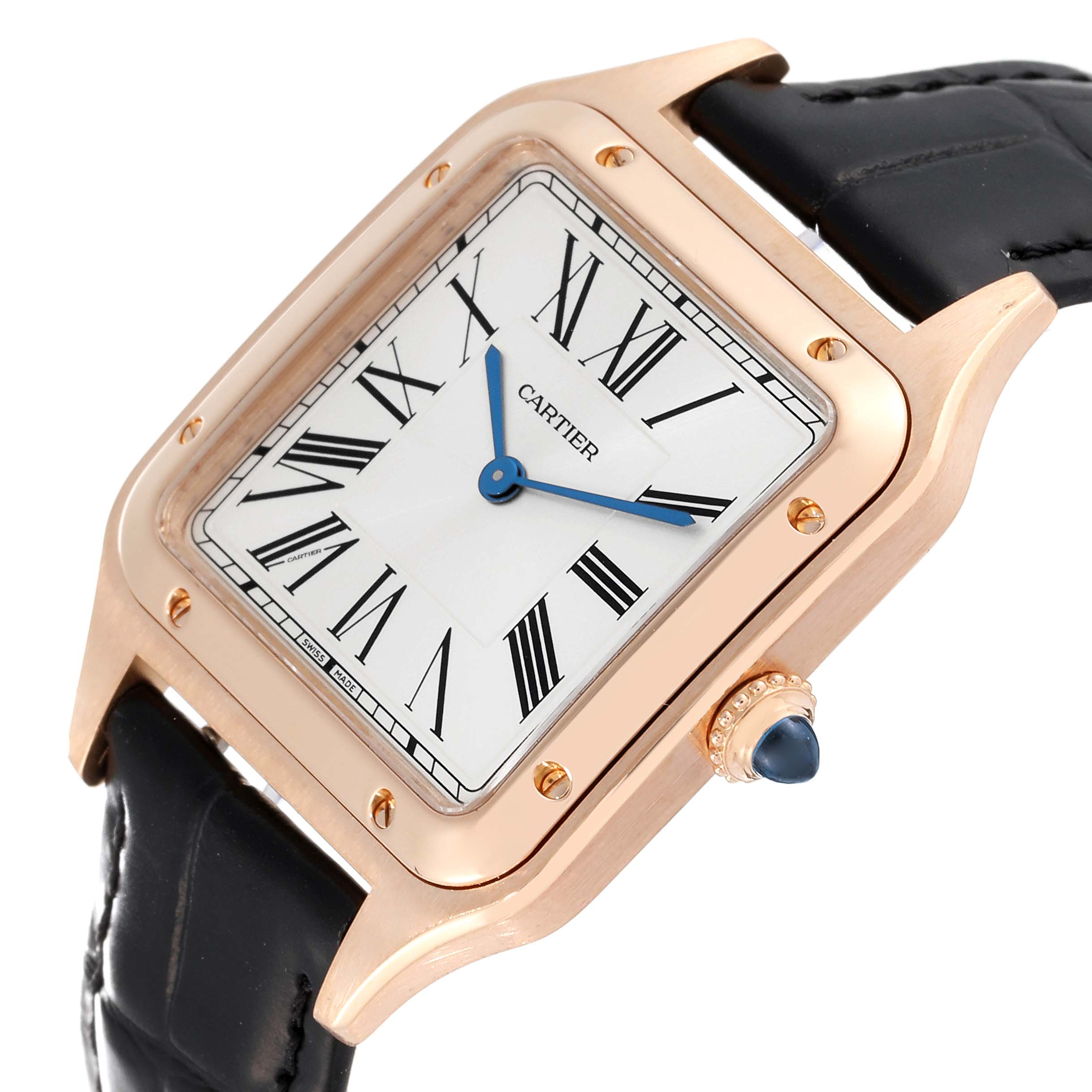 This image shows a Cartier Santos Dumont WGSA0021 Men's Rose Gold Silver Dial WGSA0021 Men's Rose Gold Silver Dial watch at an angle highlighting the face, bezel, and crown with a leather strap.