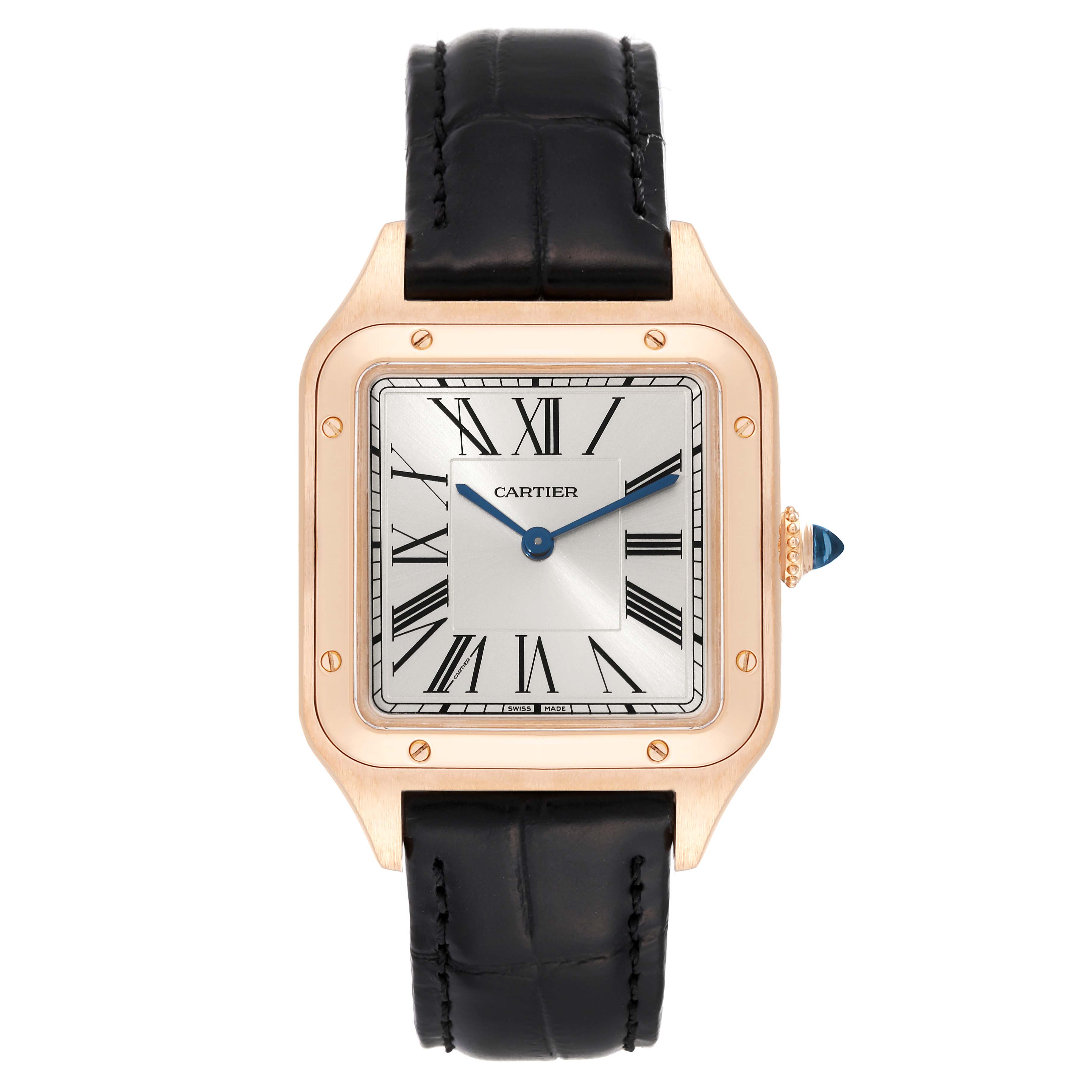 This image shows a front view of the Cartier Santos Dumont WGSA0021 Men's Rose Gold Silver Dial WGSA0021 Men's Rose Gold Silver Dial watch, highlighting its face, bezel, and leather strap.