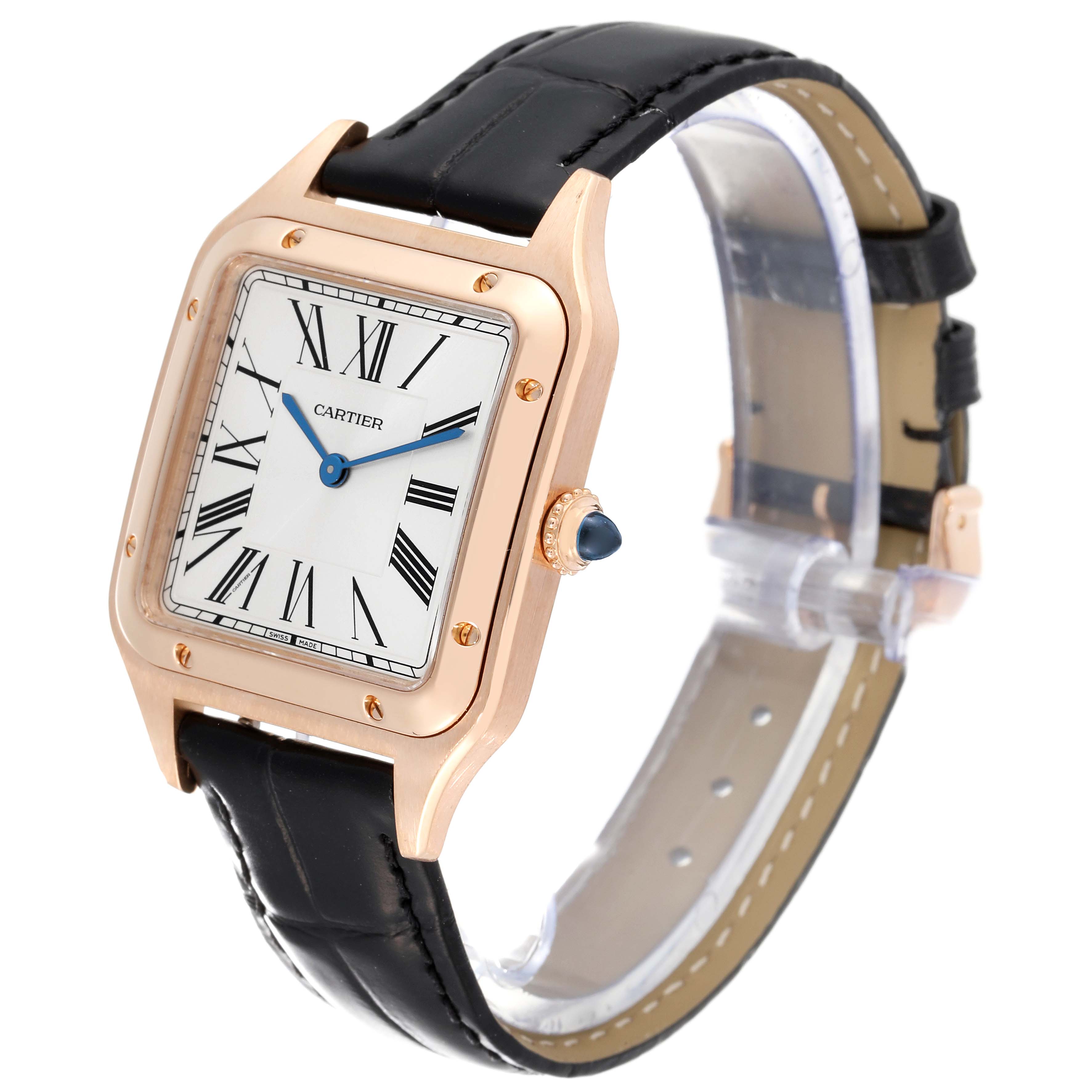 This image shows a Cartier Santos Dumont WGSA0021 Men's Rose Gold Silver Dial WGSA0021 Men's Rose Gold Silver Dial watch from a slight side angle, highlighting its square dial, leather strap, and crown with a blue stone.