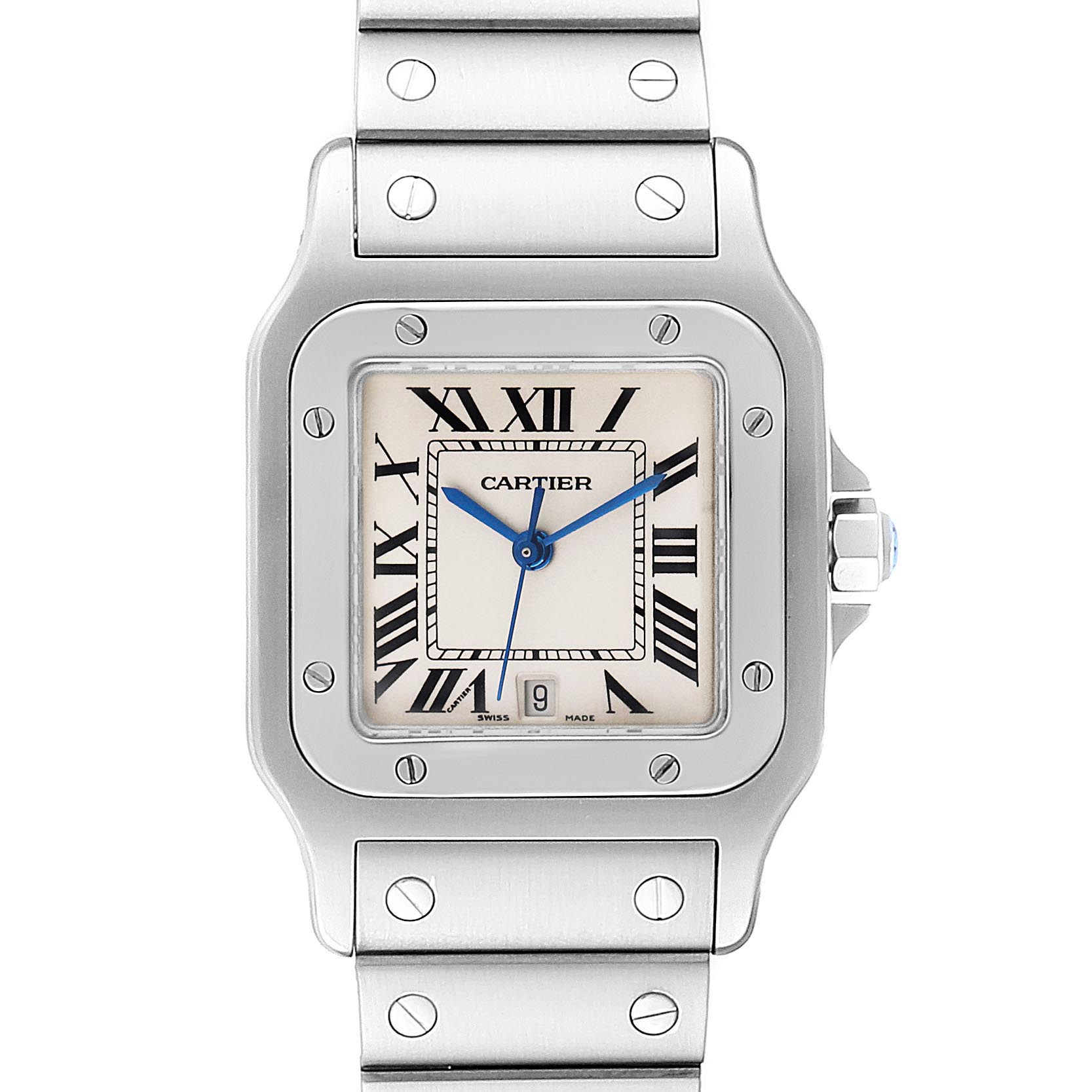 The image shows a front view of a Cartier Santos W20060D6 Men's Stainless Steel Silver Dial W20060D6 Men's Stainless Steel Silver Dial watch, highlighting its square face, Roman numerals, and metal strap with screws.