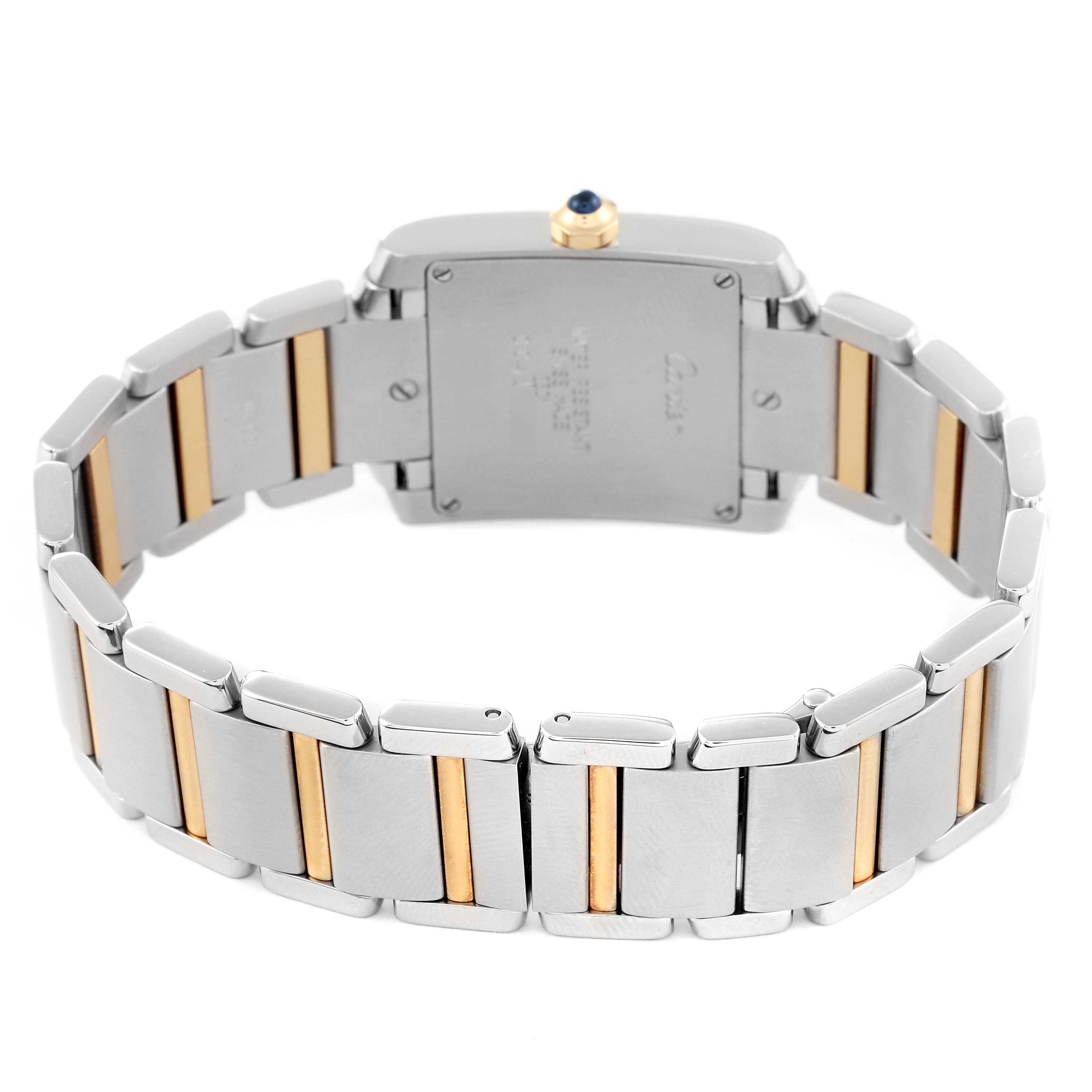 The image shows the back view of a Cartier Tank Francaise W51006Q4 Women
s Steel and Gold (two tone) Silver Dial W51006Q4 Women
s Steel and Gold (two tone) Silver Dial watch, highlighting its case back and two-tone metal bracelet.