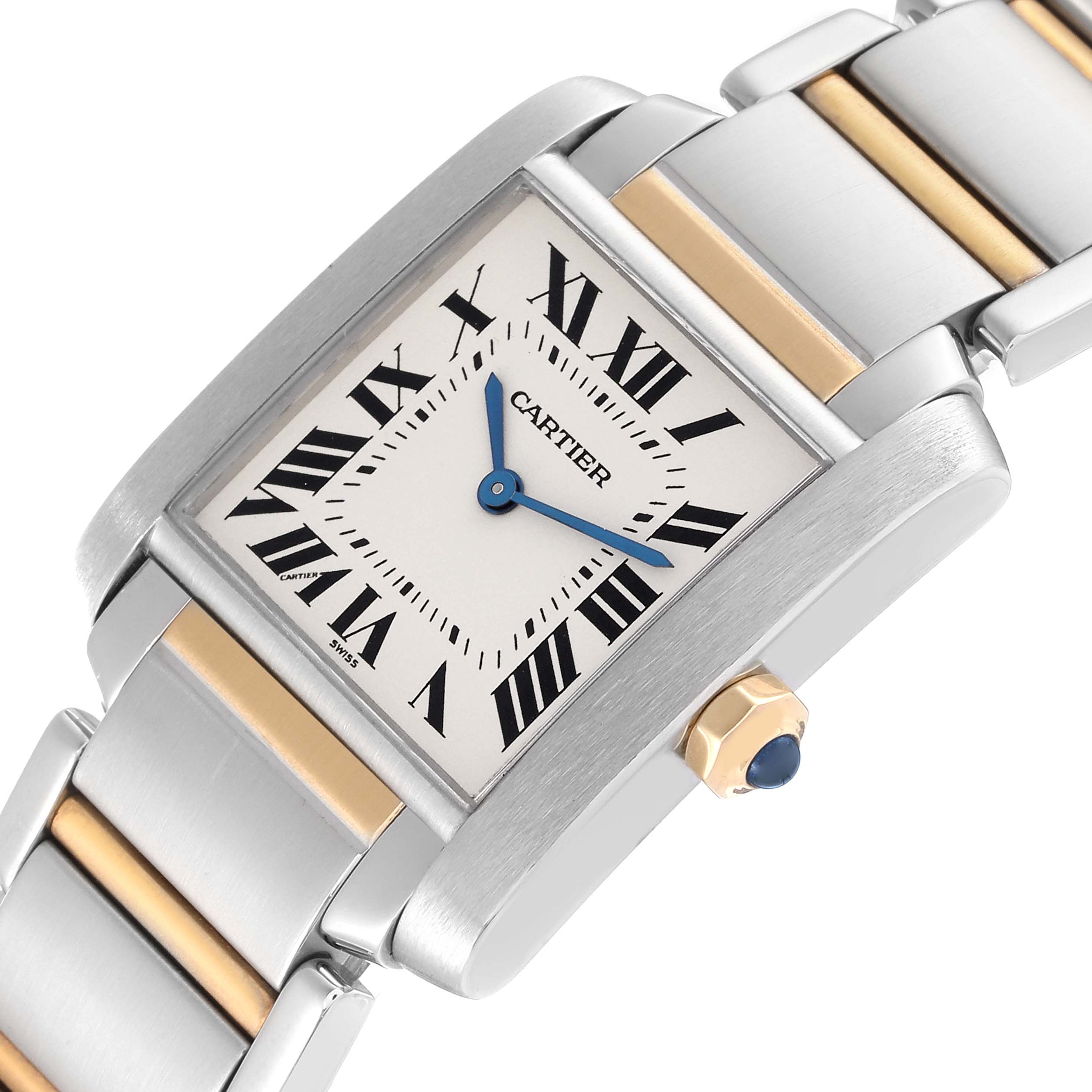 The image shows a close-up view of the Cartier Tank Francaise W51006Q4 Women
s Steel and Gold (two tone) Silver Dial W51006Q4 Women
s Steel and Gold (two tone) Silver Dial watch, focusing on the face, bracelet, and crown.