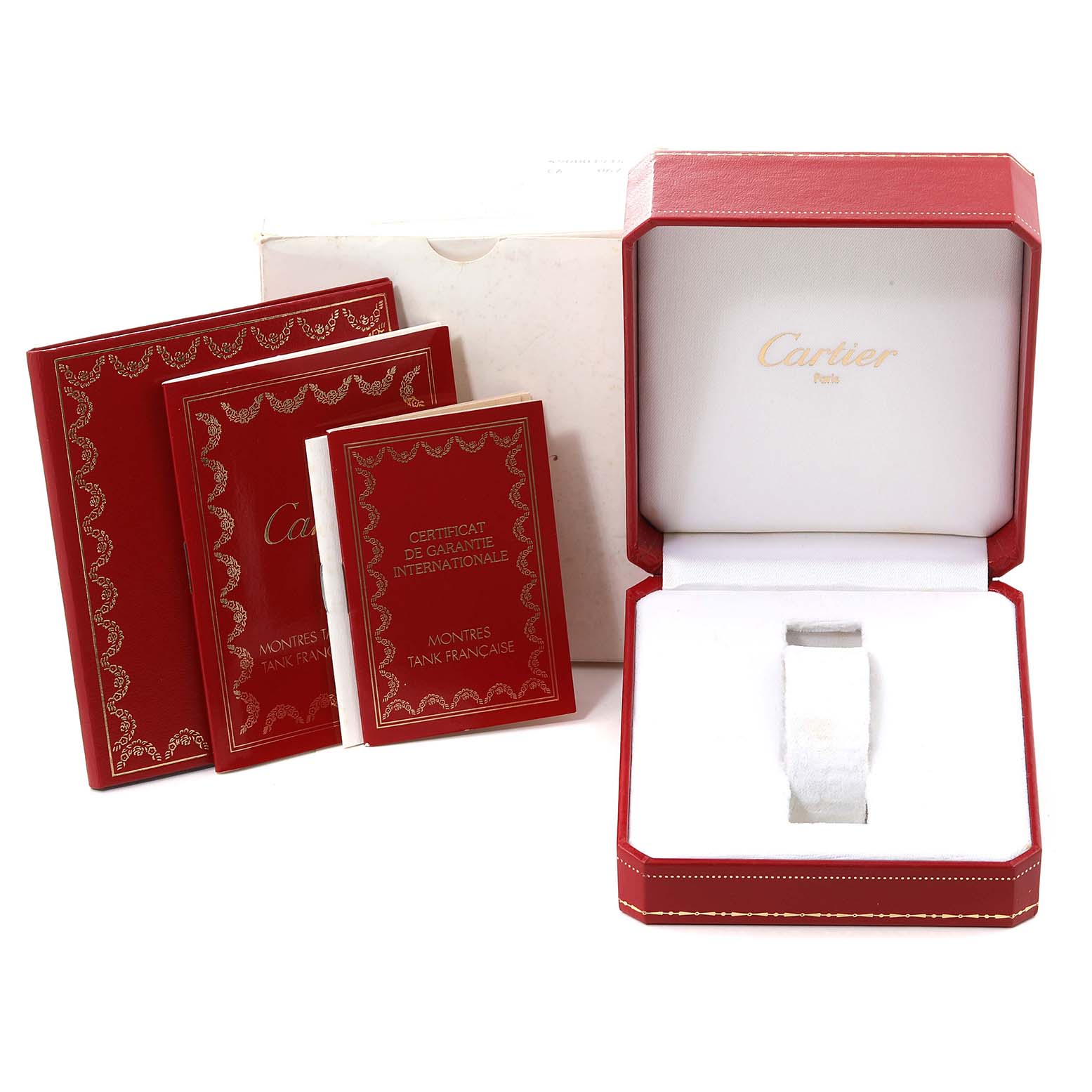 The image shows the Cartier Tank Française watch with its open red box and accompanying booklets.