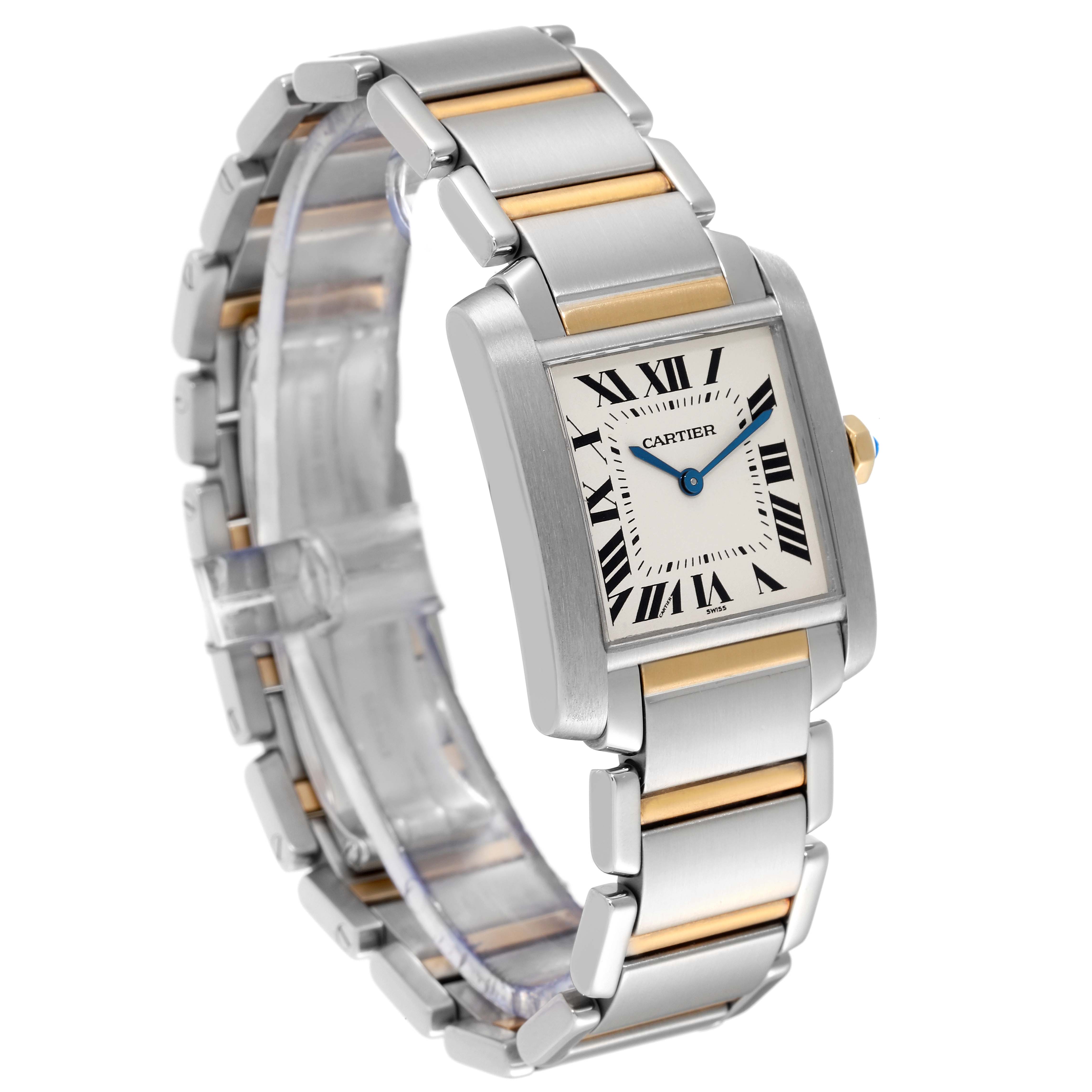 The Cartier Tank Française watch is displayed at an angle, showcasing its rectangular face and metal bracelet with gold accents.