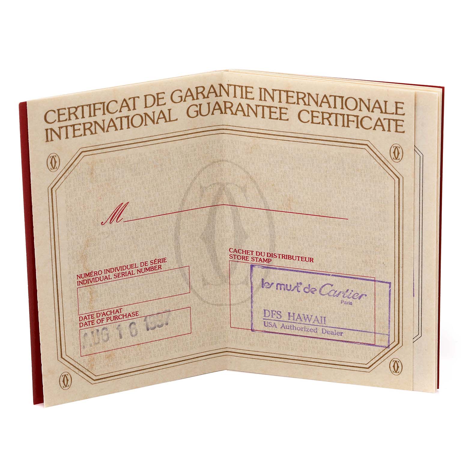 The image shows the warranty certificate for a Cartier Tank Francaise W51006Q4 Women
s Steel and Gold (two tone) Silver Dial W51006Q4 Women
s Steel and Gold (two tone) Silver Dial watch with store stamp and purchase details.