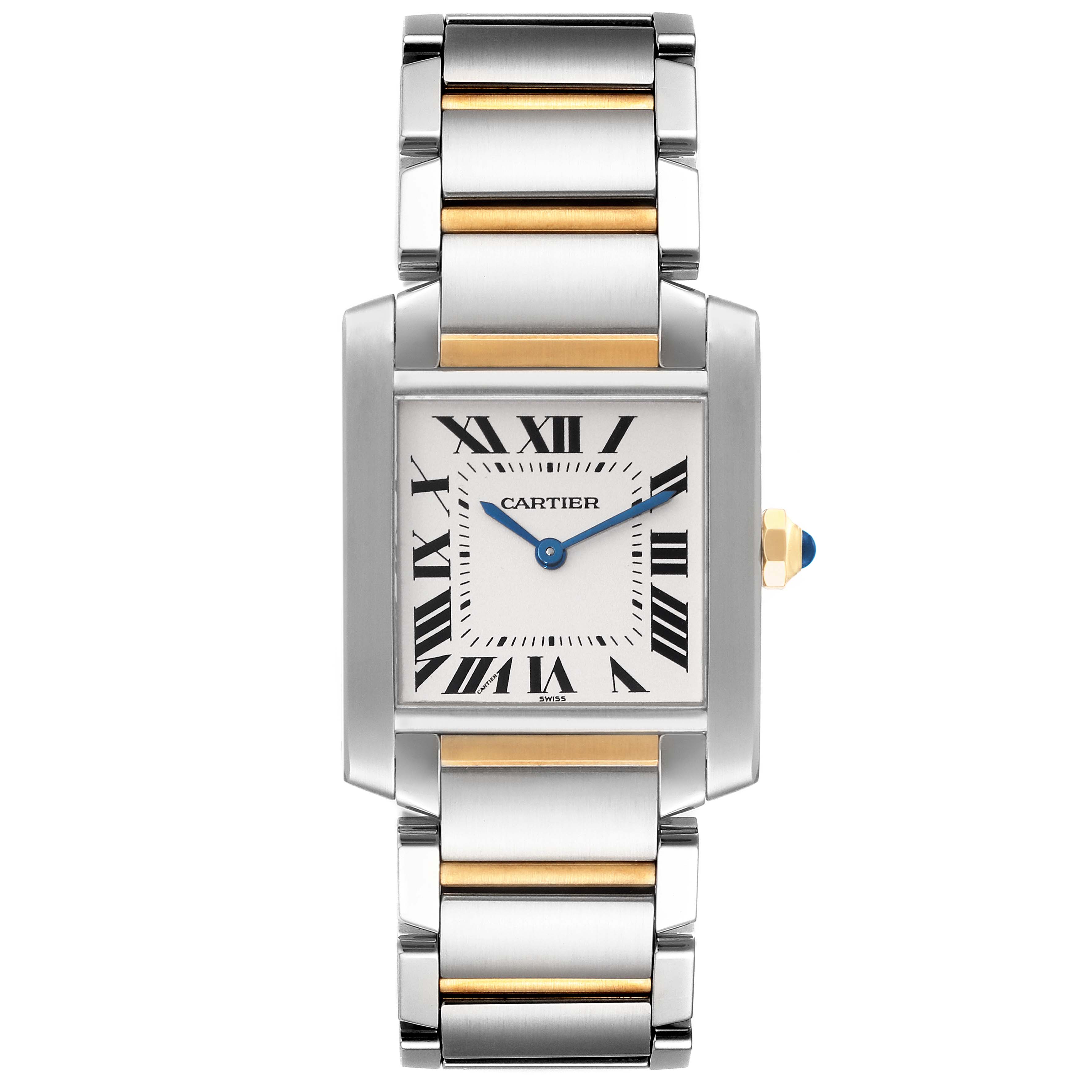 This image shows a front view of the Cartier Tank Francaise W51006Q4 Women
s Steel and Gold (two tone) Silver Dial W51006Q4 Women
s Steel and Gold (two tone) Silver Dial watch, featuring a silver and gold metal bracelet, and a rectangular dial with Roman numerals.