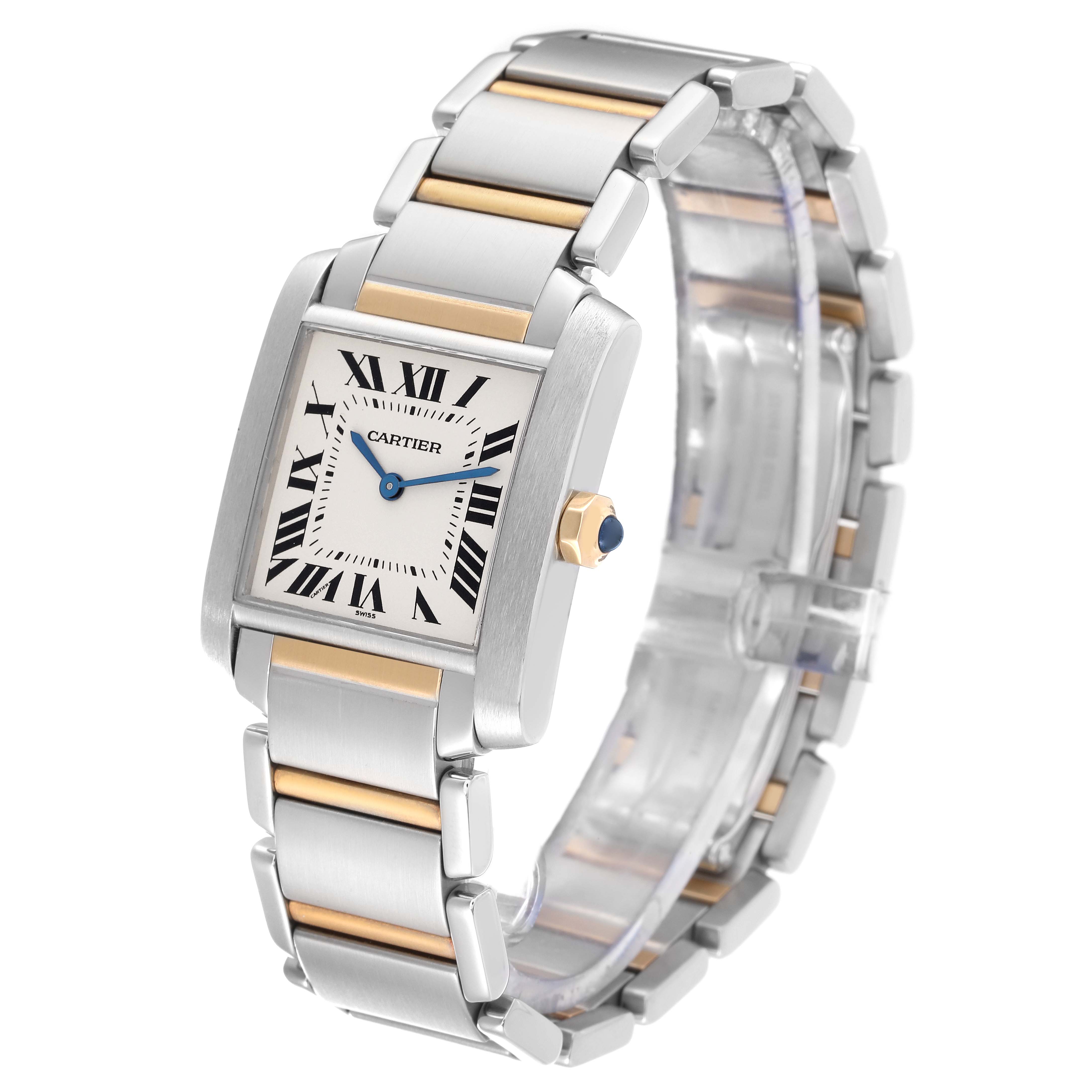 This image shows the Cartier Tank Francaise W51006Q4 Women
s Steel and Gold (two tone) Silver Dial W51006Q4 Women
s Steel and Gold (two tone) Silver Dial watch at a three-quarter angle, highlighting its face and bracelet.