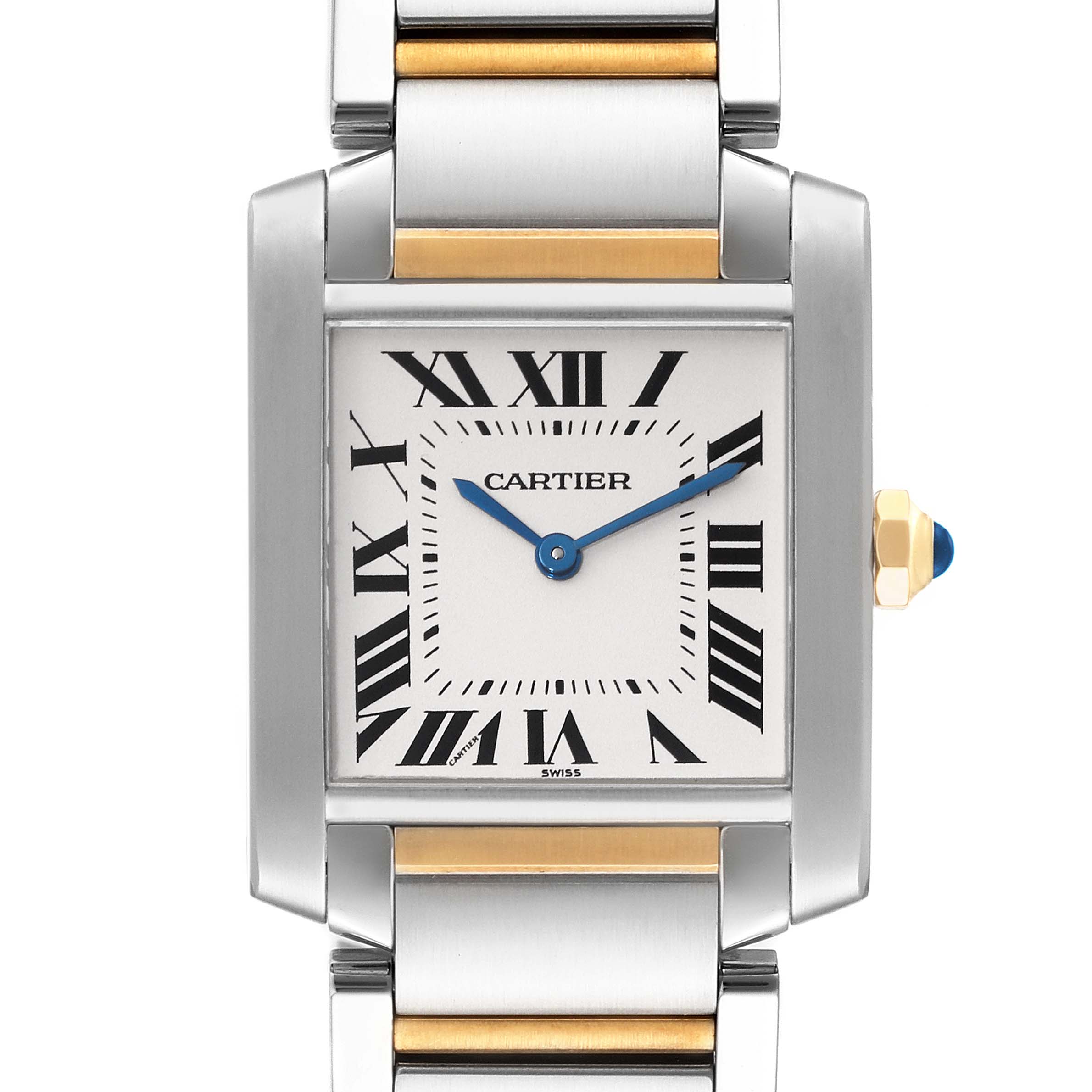 The image shows a frontal view of a Cartier Tank Française watch, highlighting its rectangular dial and metal bracelet with gold accents.