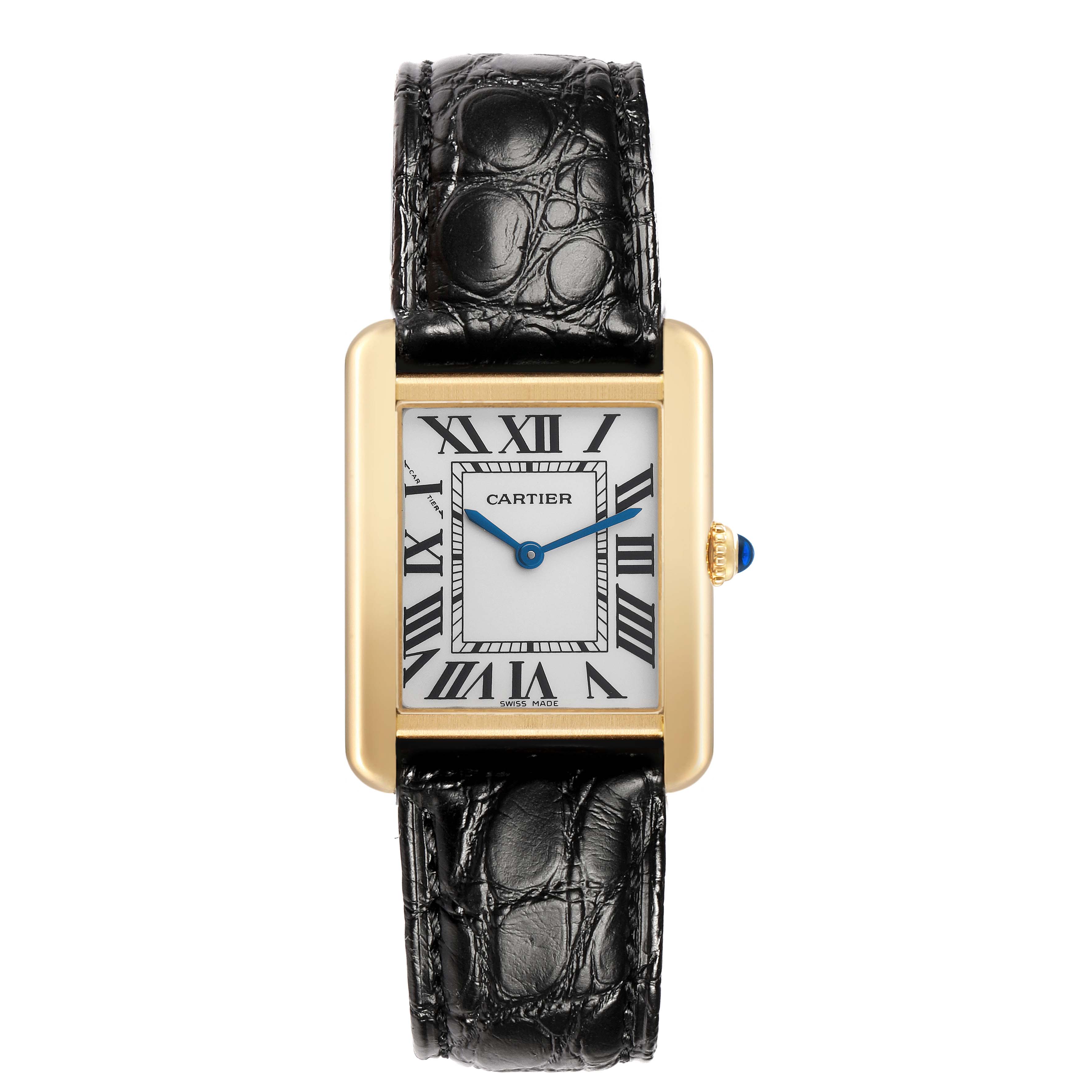The Cartier Tank Solo W5200002 Women's Yellow Gold Silver Dial watch is shown from a top view, highlighting its rectangular face, gold case, black Roman numerals, and black leather strap.