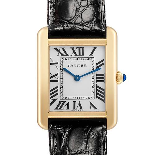 The Cartier Tank Solo W5200002 Women's Yellow Gold Silver Dial watch is shown from a front angle, highlighting its rectangular face, Roman numerals, and leather strap.