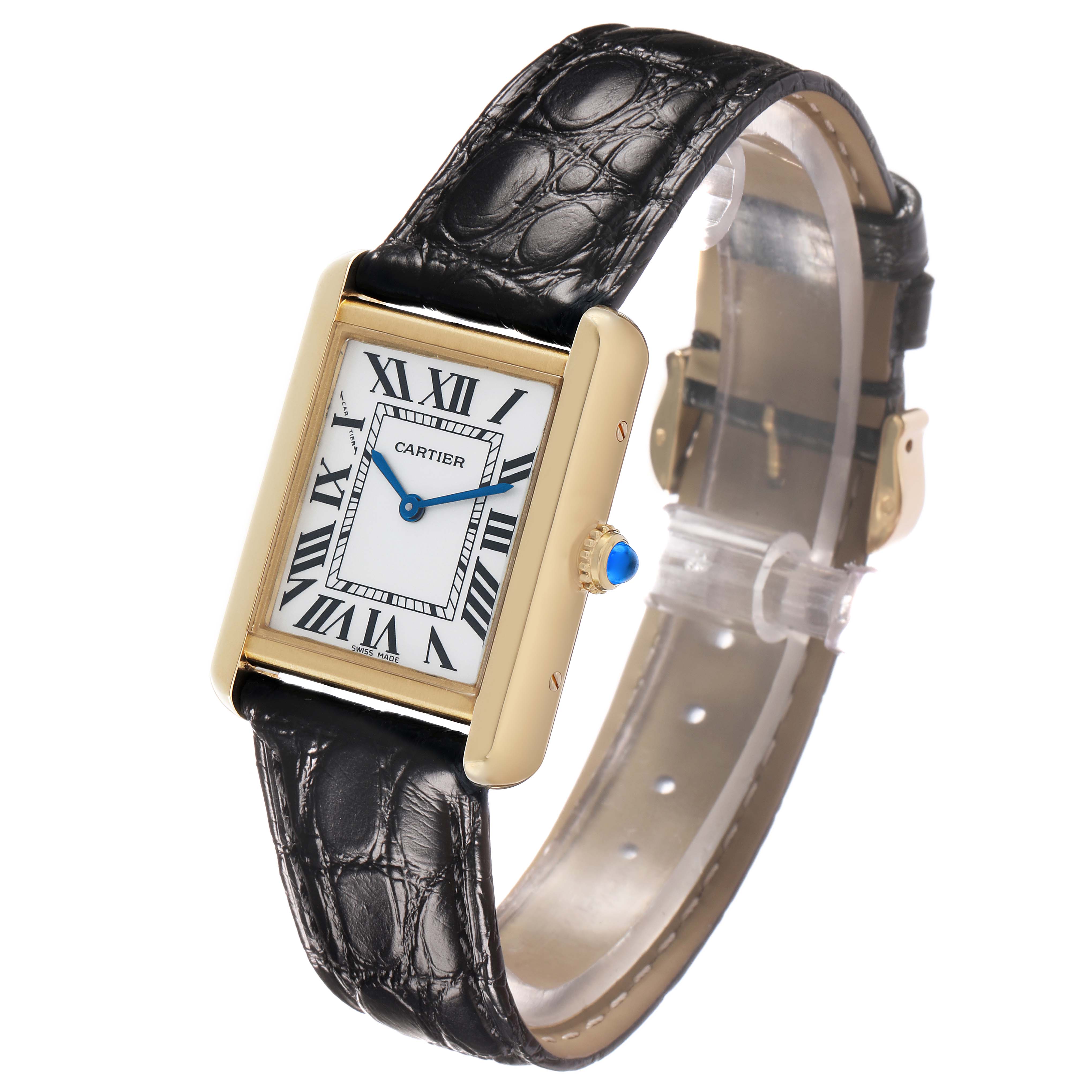 The Cartier Tank Solo W5200002 Women's Yellow Gold Silver Dial watch is shown at a slight angle, highlighting its rectangular face, gold case, and black leather strap.