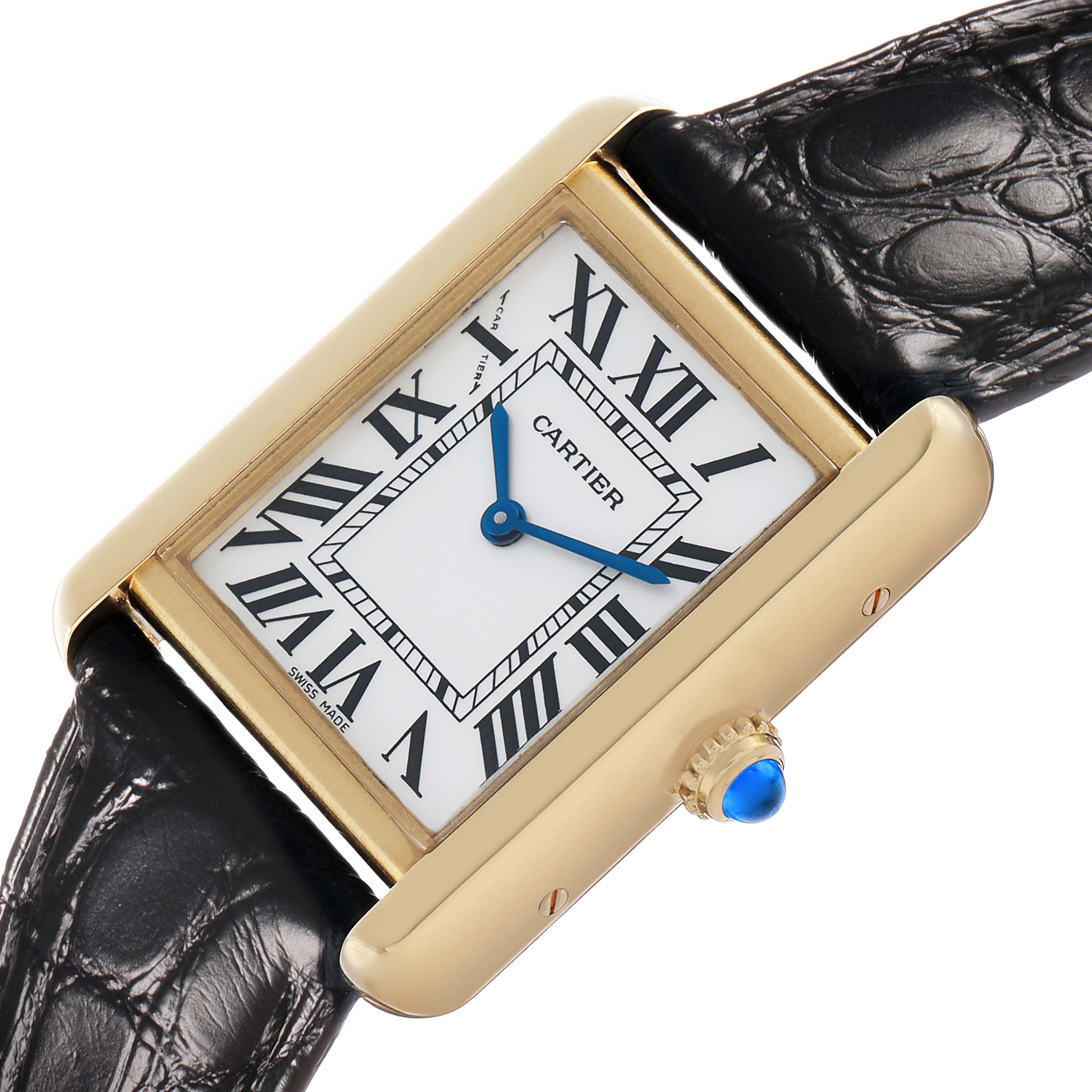 The Cartier Tank Solo W5200002 Women's Yellow Gold Silver Dial watch is shown at an angled view, highlighting the face, gold case, blue hands, crown, and black leather strap.