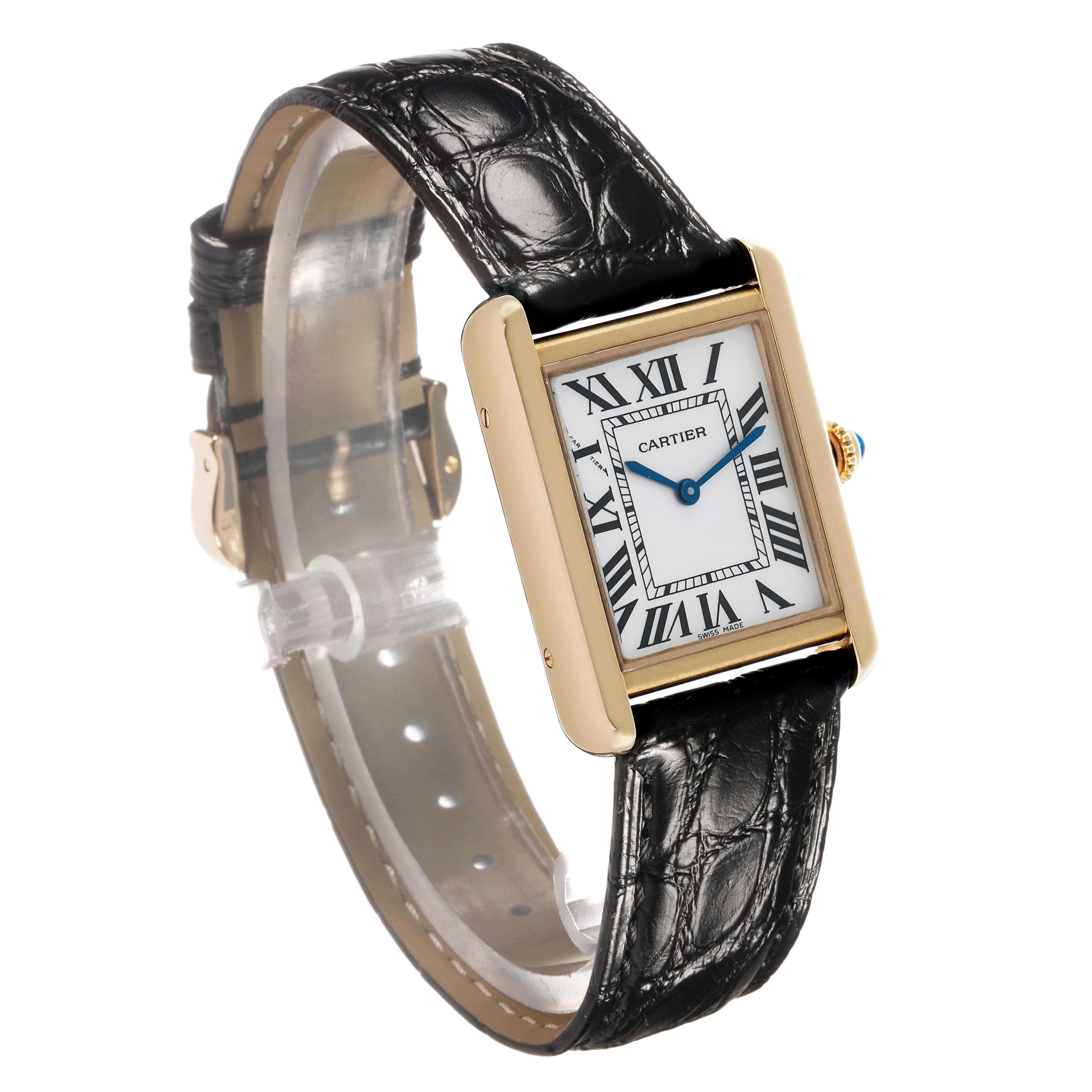 The Cartier Tank Solo W5200002 Women's Yellow Gold Silver Dial watch is shown at an angled view displaying its rectangular face, gold case, leather strap, and Roman numerals.