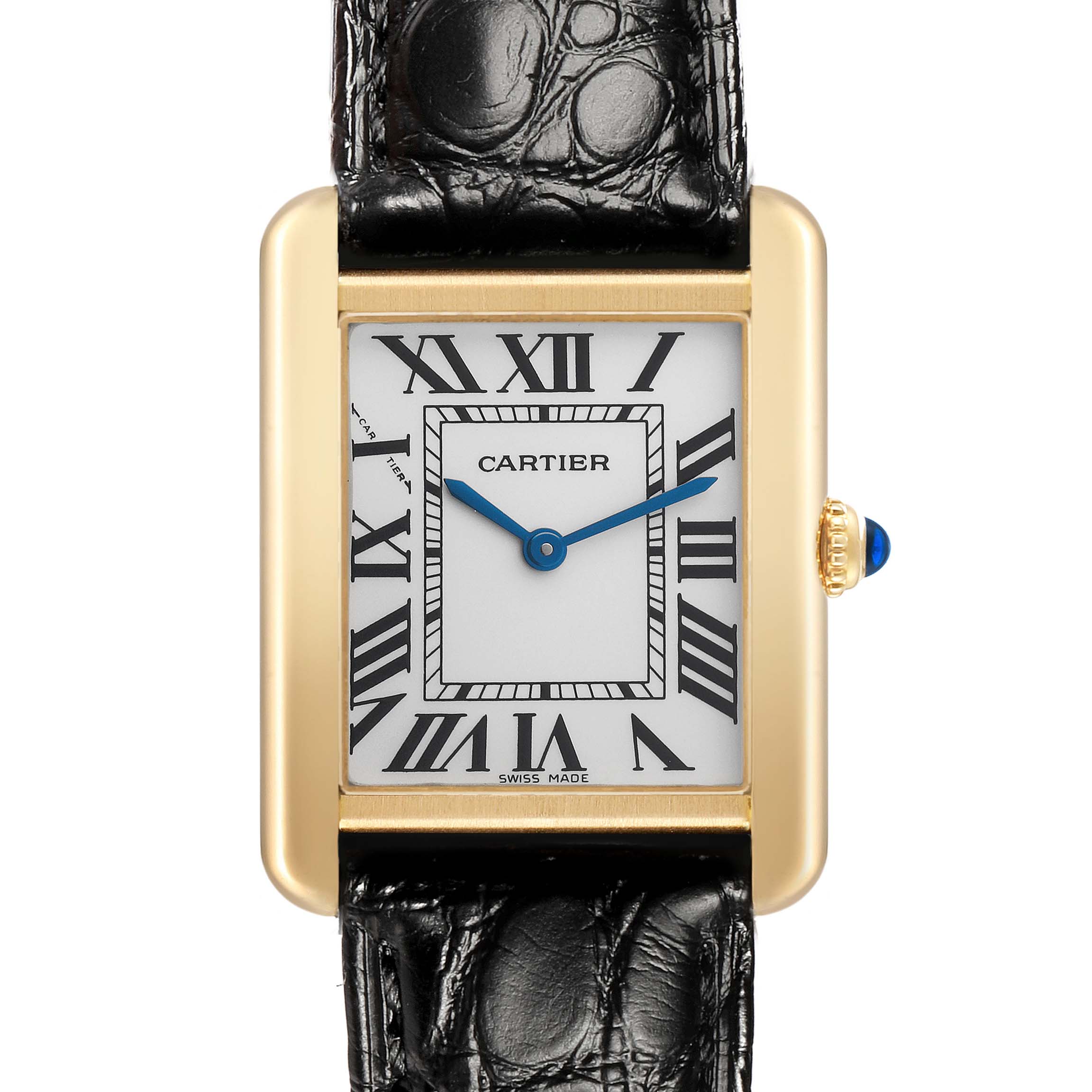 The Cartier Tank Solo W5200002 Women's Yellow Gold Silver Dial watch is shown from a front view, highlighting its rectangular face, Roman numerals, and leather strap.