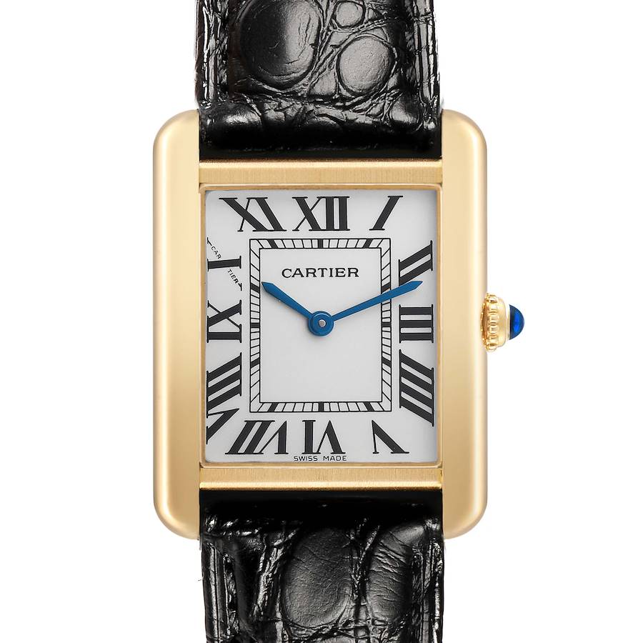 The Cartier Tank Solo W5200002 Women's Yellow Gold Silver Dial watch is shown from a front view, highlighting its rectangular face, Roman numerals, and leather strap.