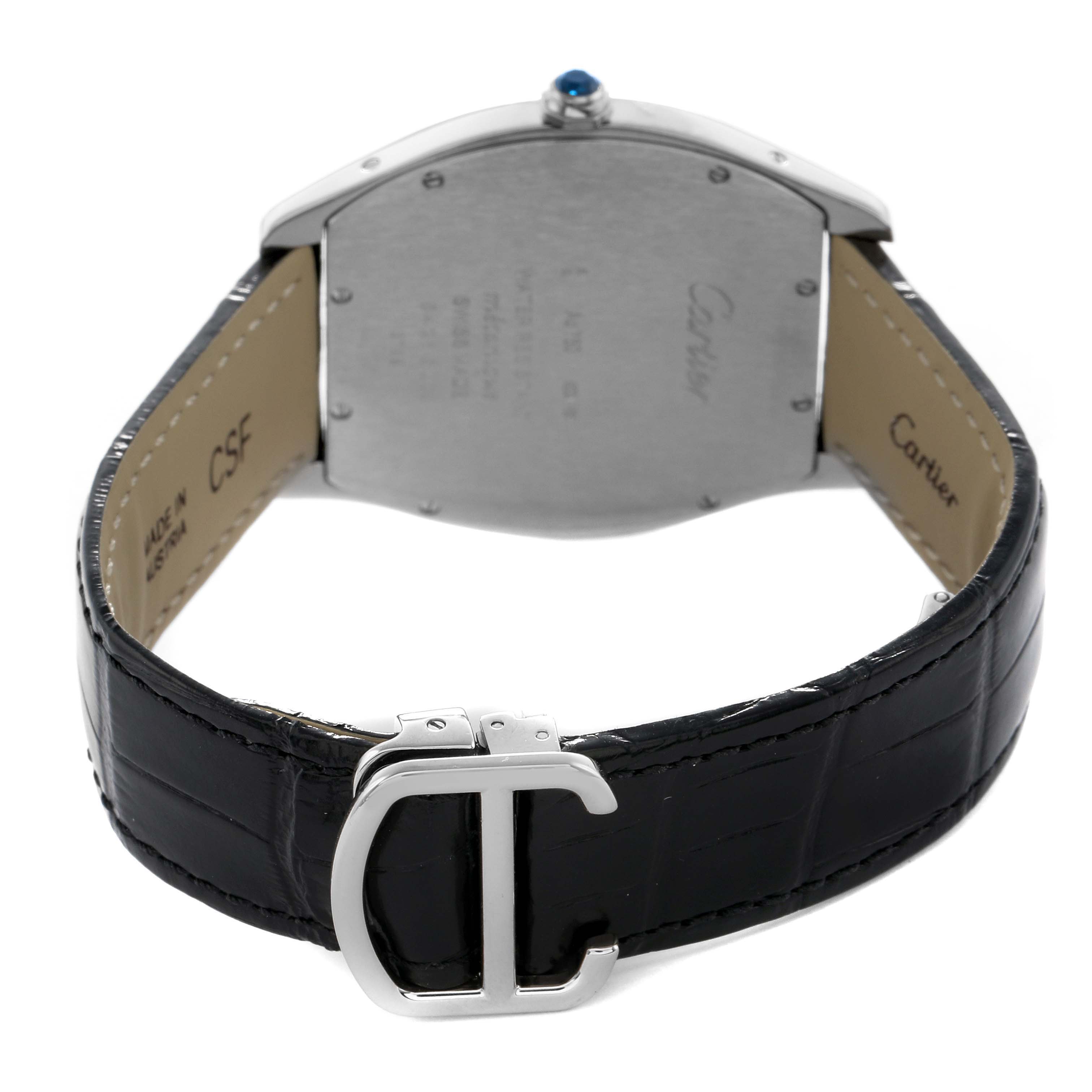 The Cartier Tortue WGTO0003 Men's White Gold Silver Dial watch is shown from the back, highlighting the case back, strap, and clasp.