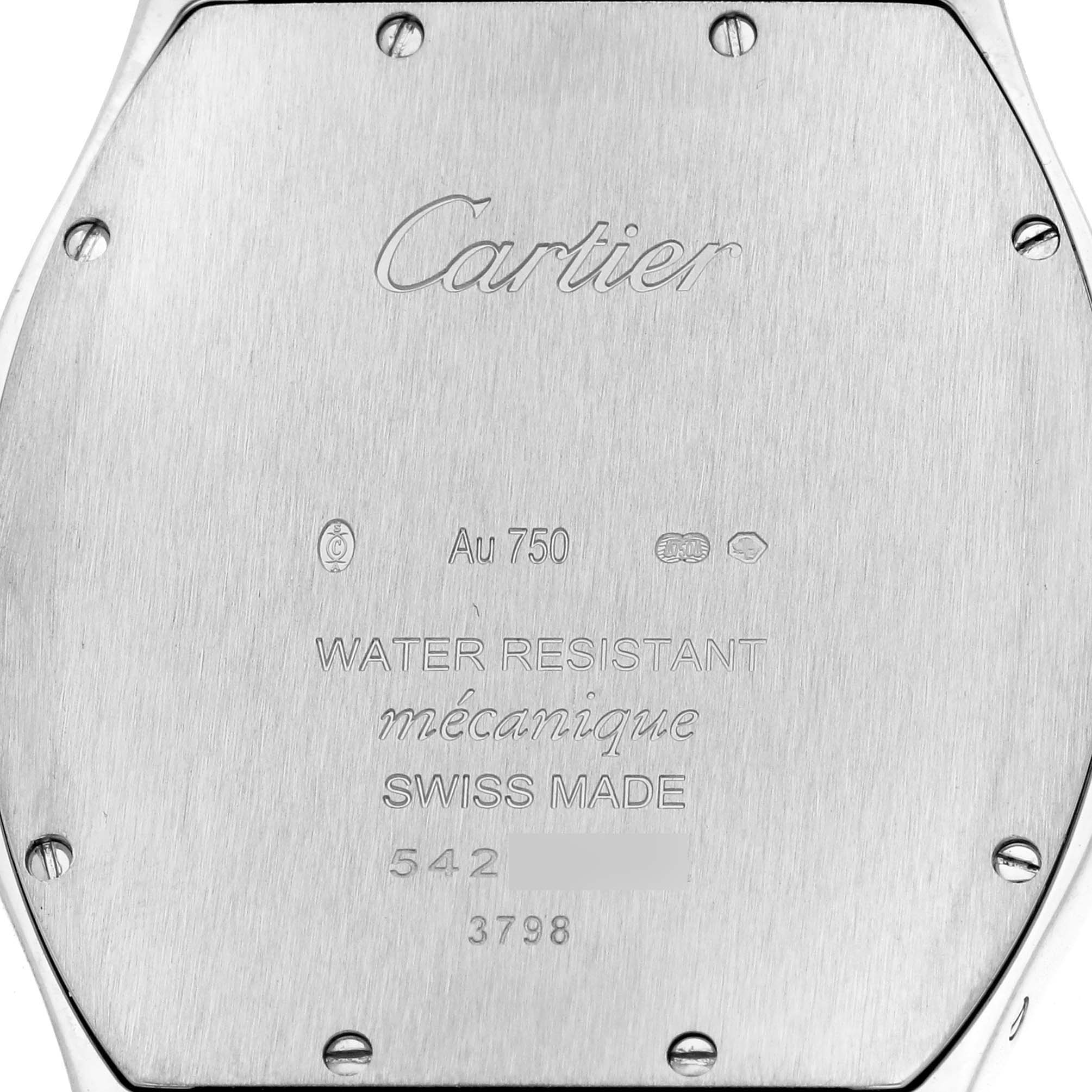 The image shows the back case of a Cartier Tortue WGTO0003 Men's White Gold Silver Dial watch featuring engraved branding and specifications.