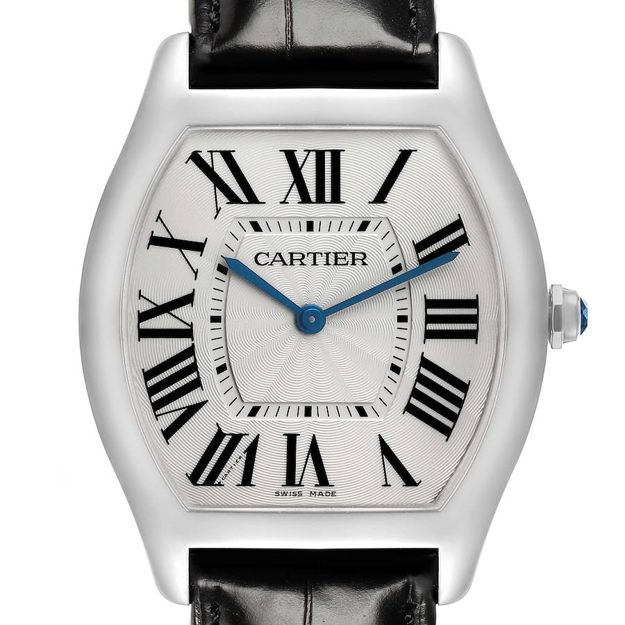 The Cartier Tortue WGTO0003 Men's White Gold Silver Dial watch is shown from a front angle, displaying its dial, Roman numerals, blue hands, and leather strap.