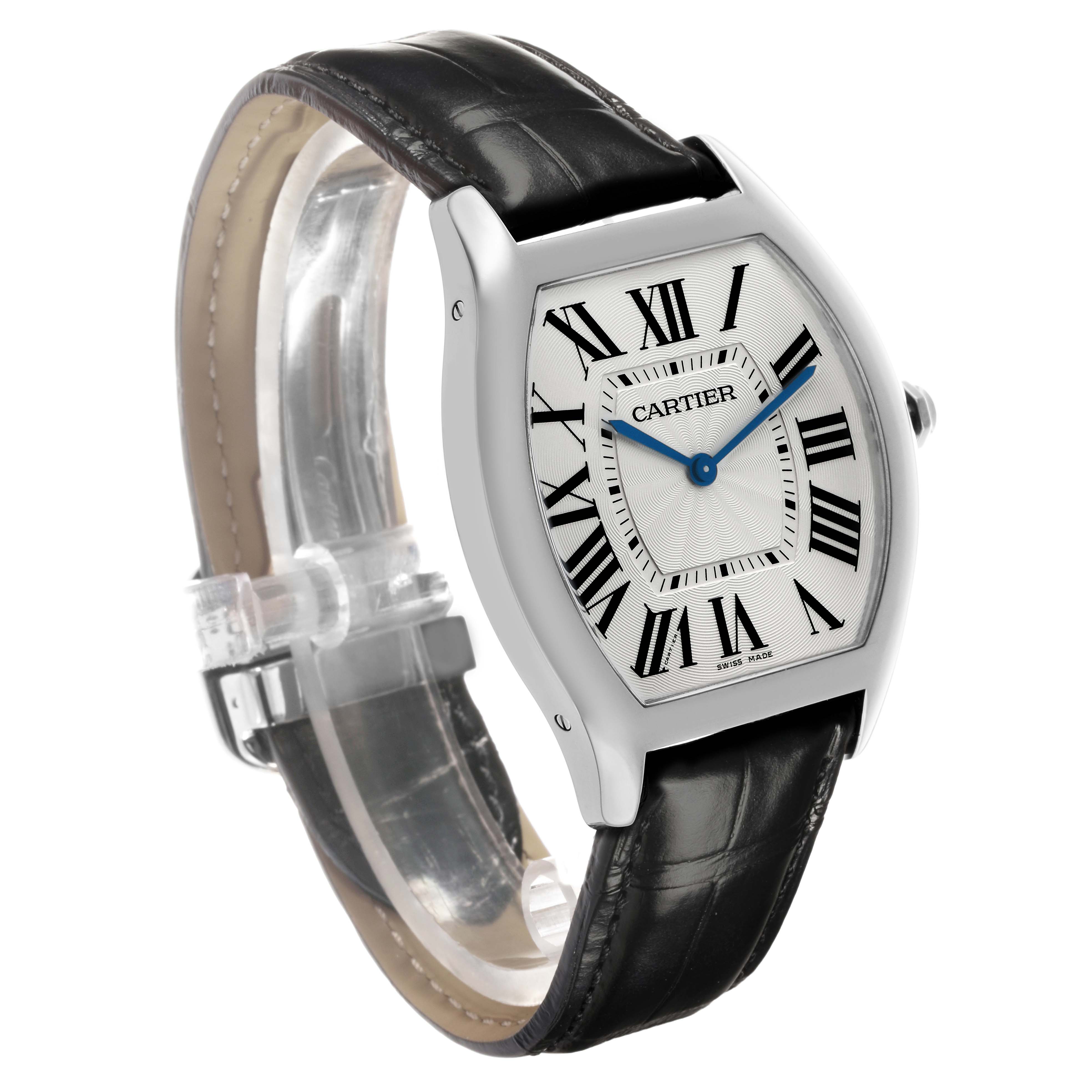 The Cartier Tortue WGTO0003 Men's White Gold Silver Dial watch is shown at a slight angle, highlighting the face, Roman numerals, blue hands, and black leather strap.