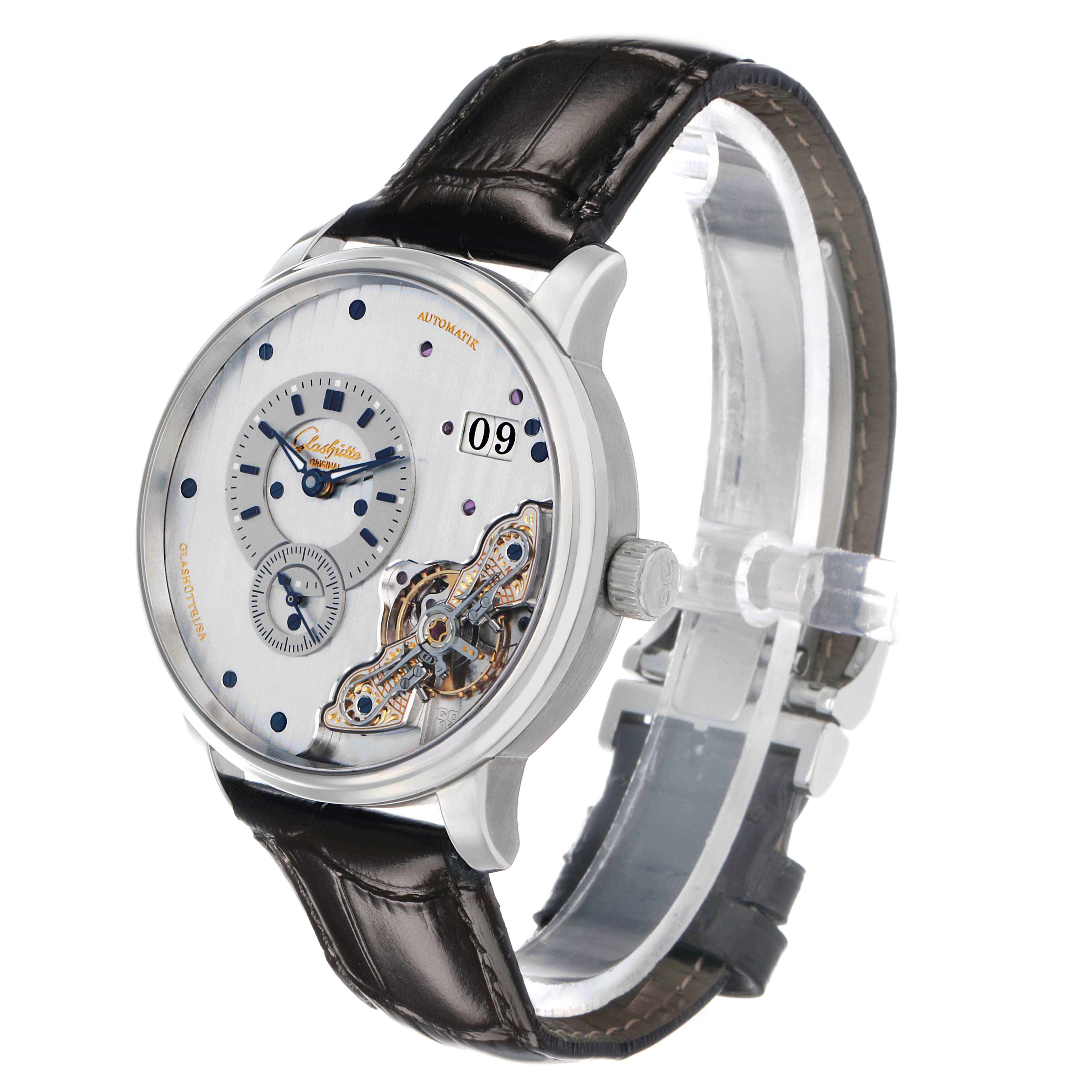 The Glashütte Pano watch is shown at a three-quarter angle, displaying the intricate dial and leather strap.