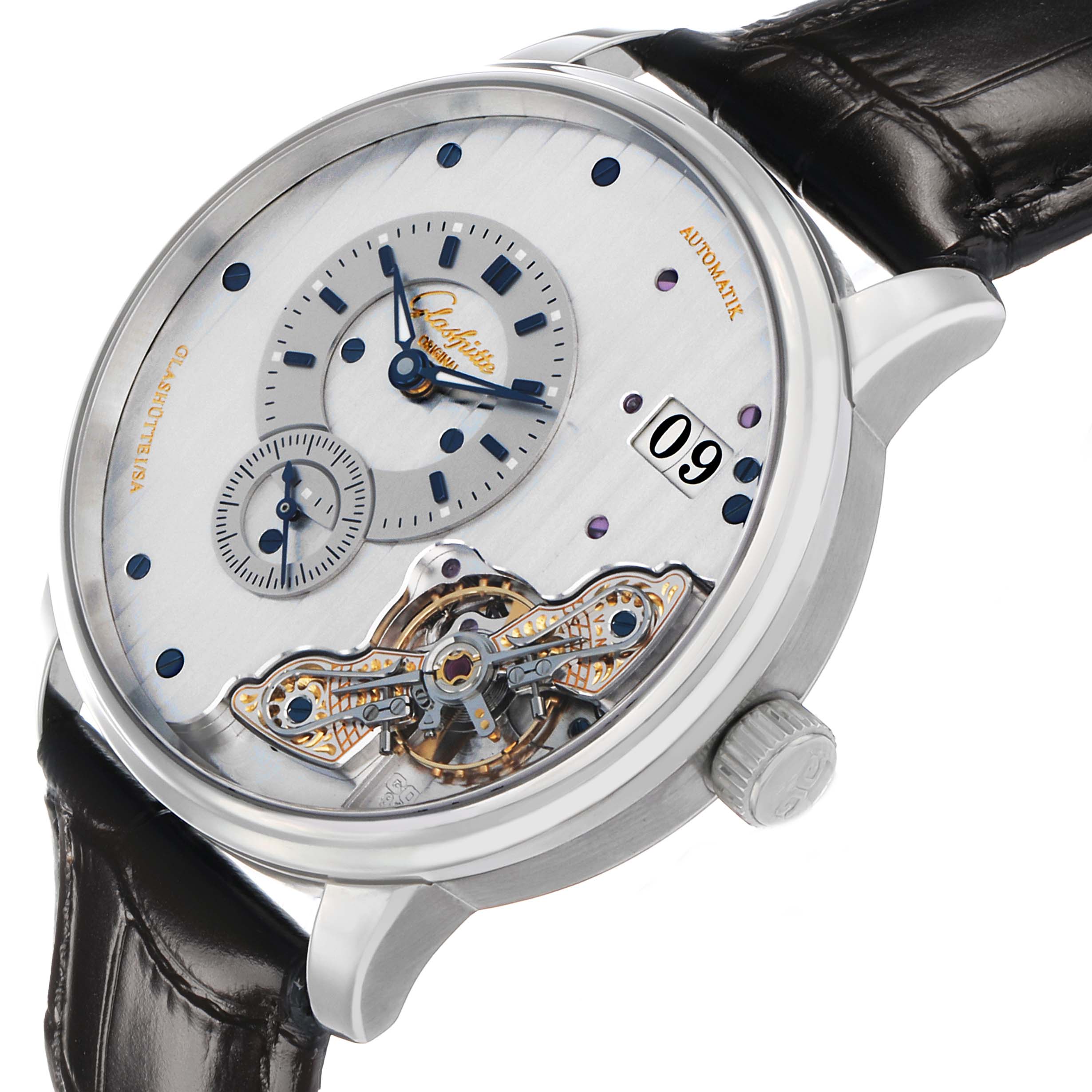 The Glashutte Pano 1-91-02-02-02-30 Men's Stainless Steel Silver Dial watch is shown at a three-quarter angle, displaying its dial, crown, and exposed tourbillon.