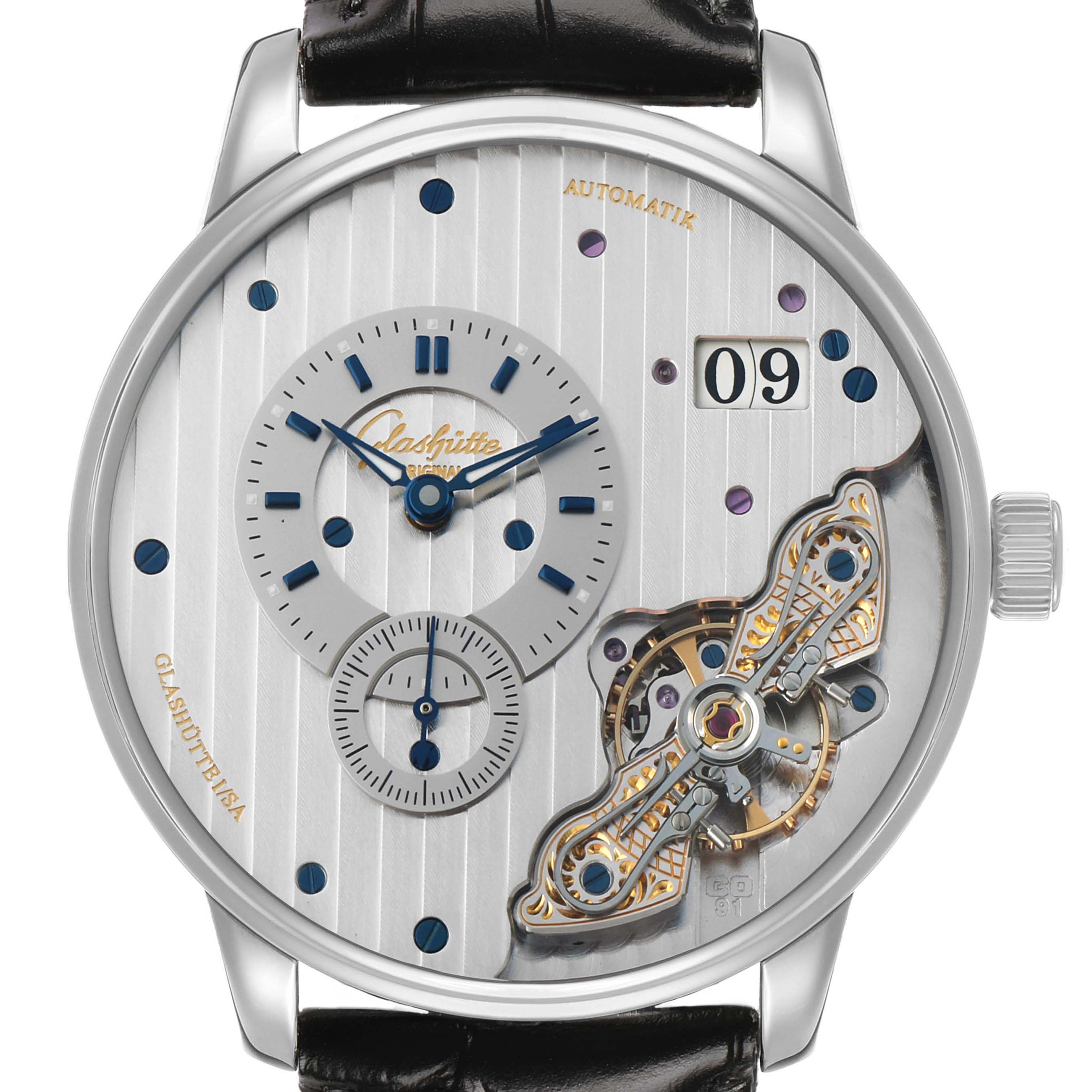 The Glashütte Pano model is shown from a front angle, highlighting the dial, subdials, and visible mechanism.