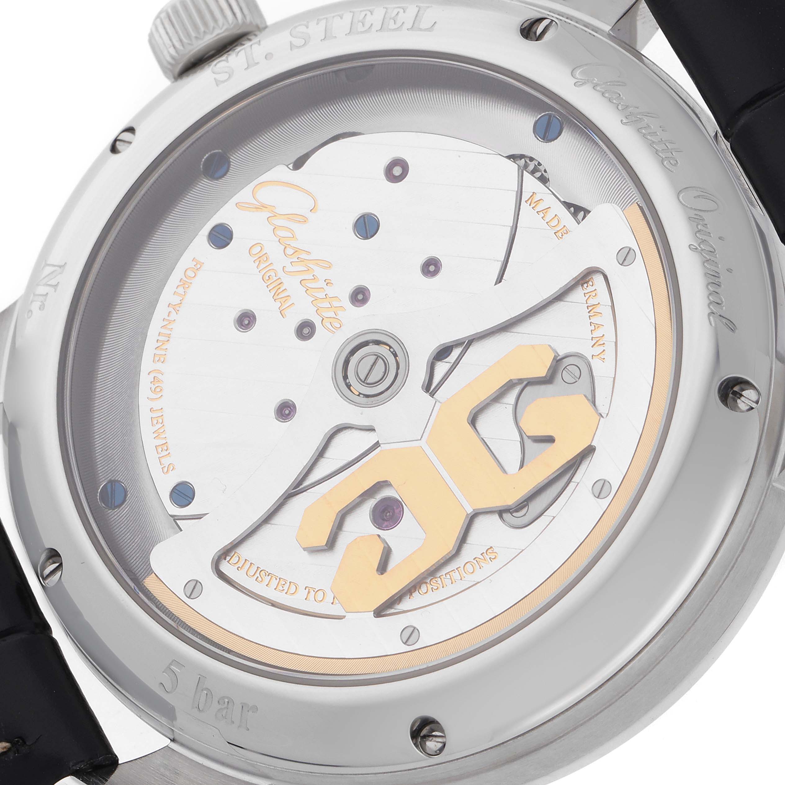 The image shows the back of a Glashütte Pano watch, highlighting the movement and rotor.