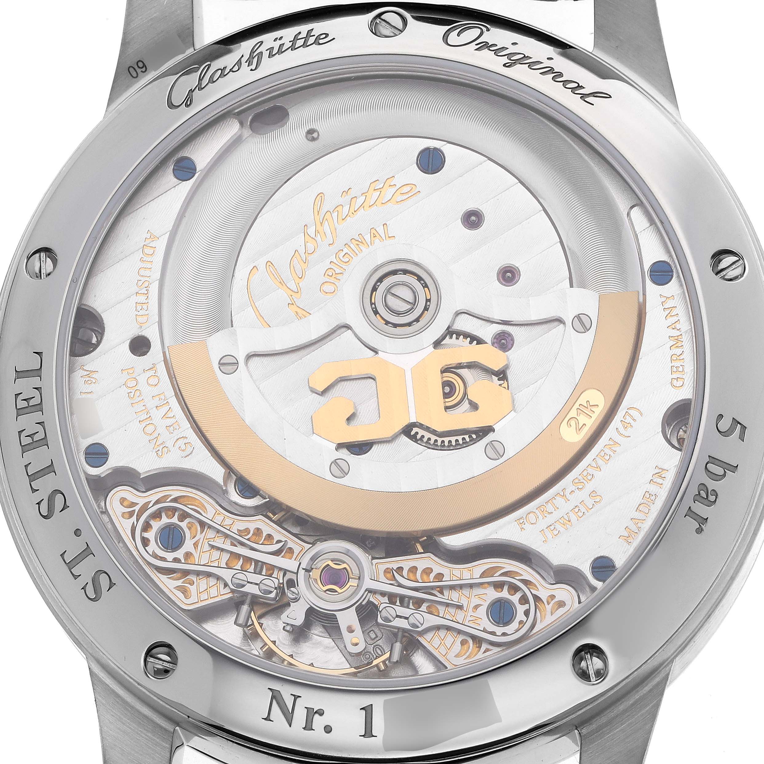 The image shows the back view of a Glashütte Pano watch, displaying the movement and intricate mechanical details.