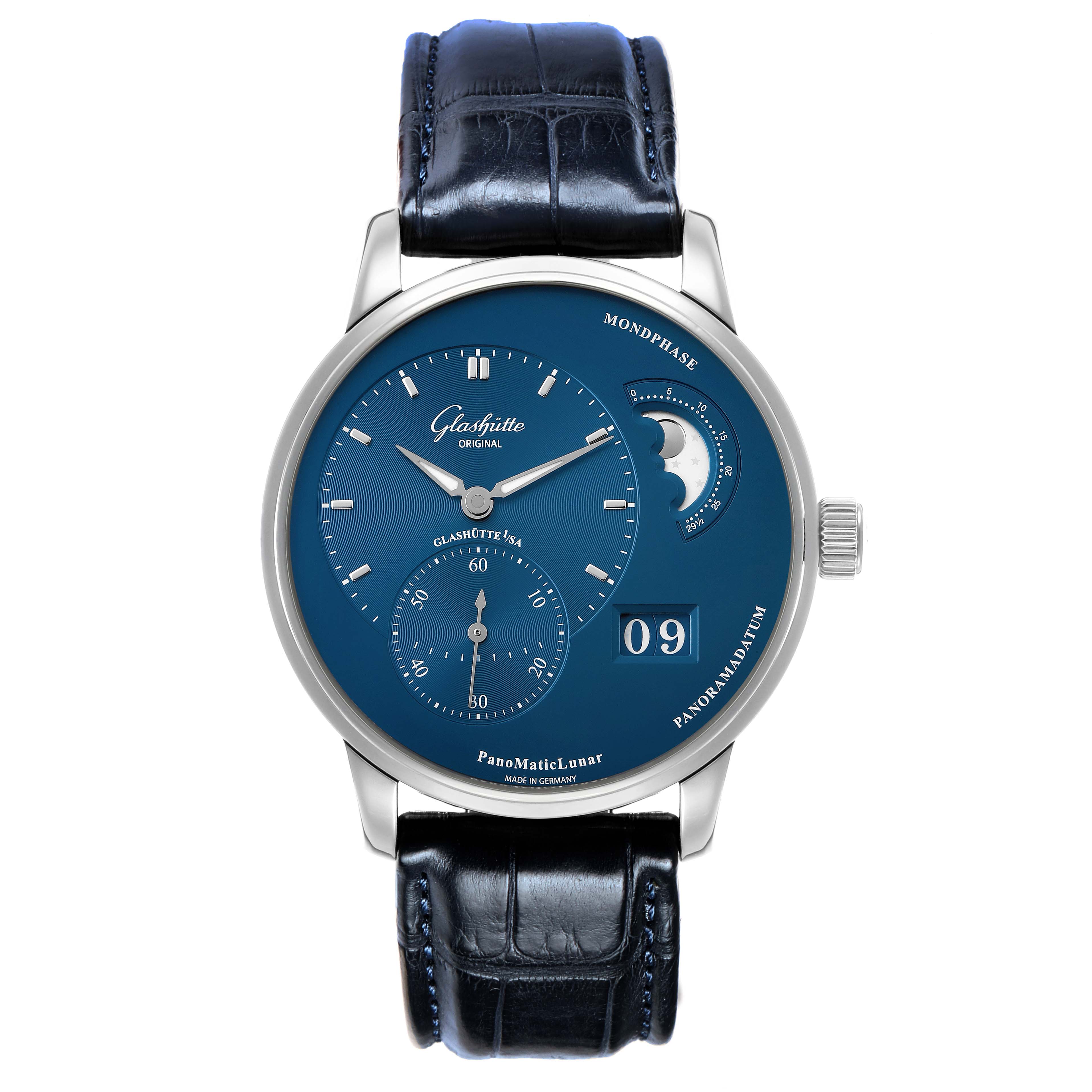 The Glashütte Pano watch is shown from the front, displaying its dial, moon phase, and leather strap.