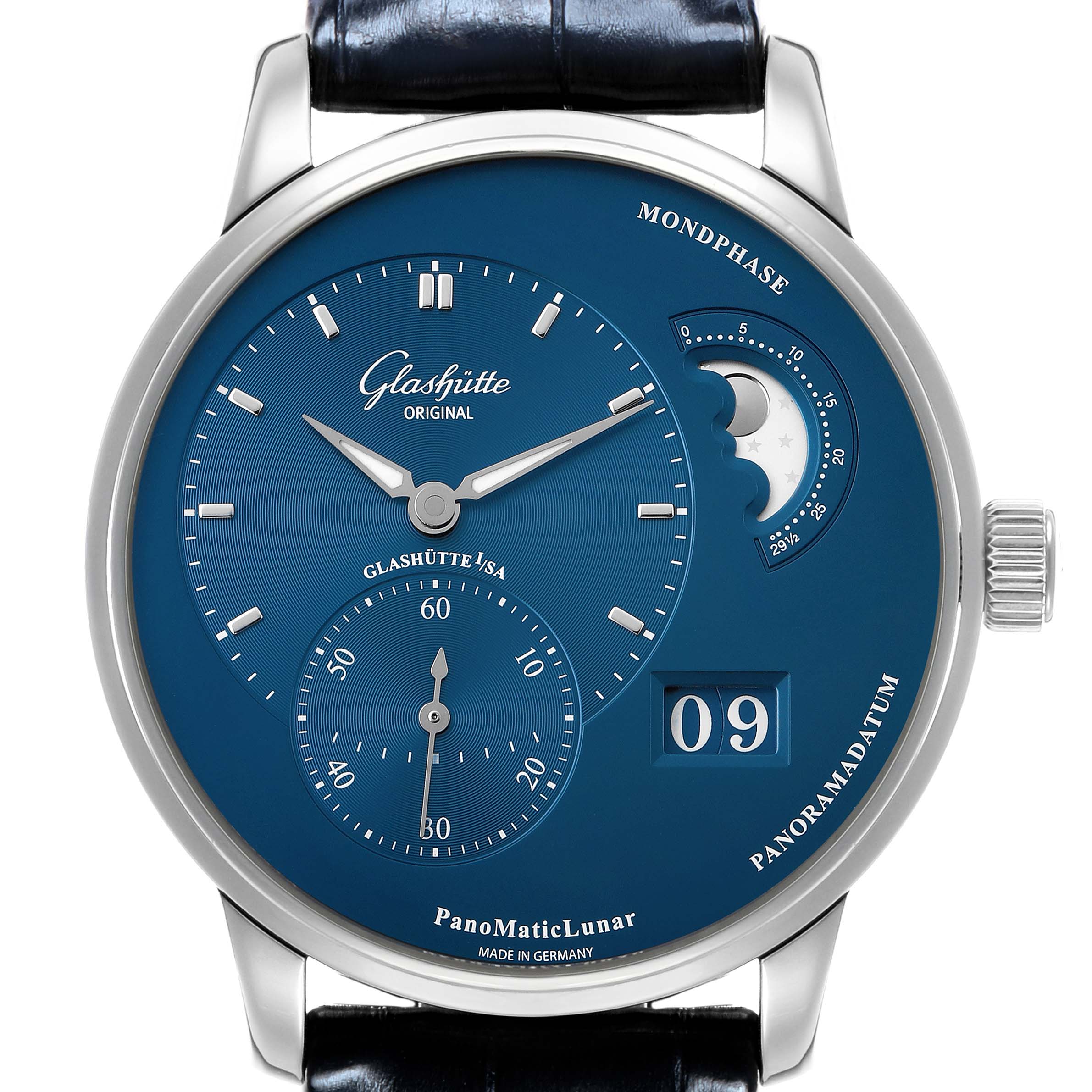 The Glashütte PanoMaticLunar watch is shown from the front, highlighting the dial, moon phase, and date display.