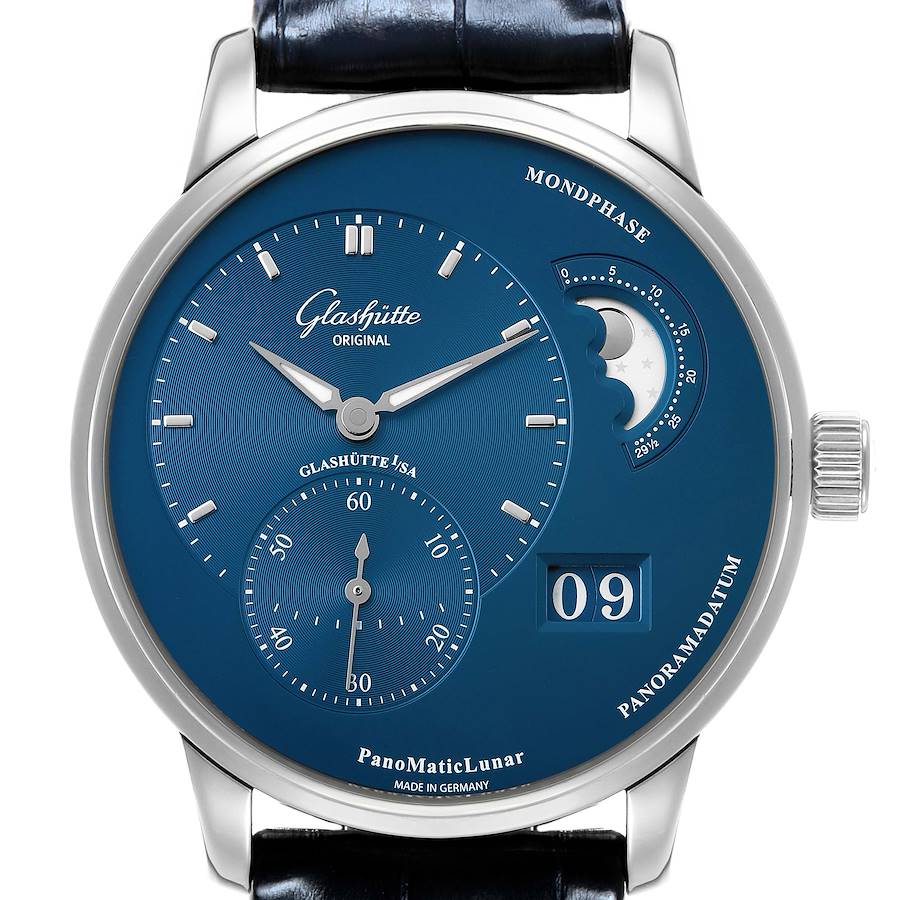 The Glashütte PanoMaticLunar watch is shown from the front, highlighting the dial, moon phase, and date display.