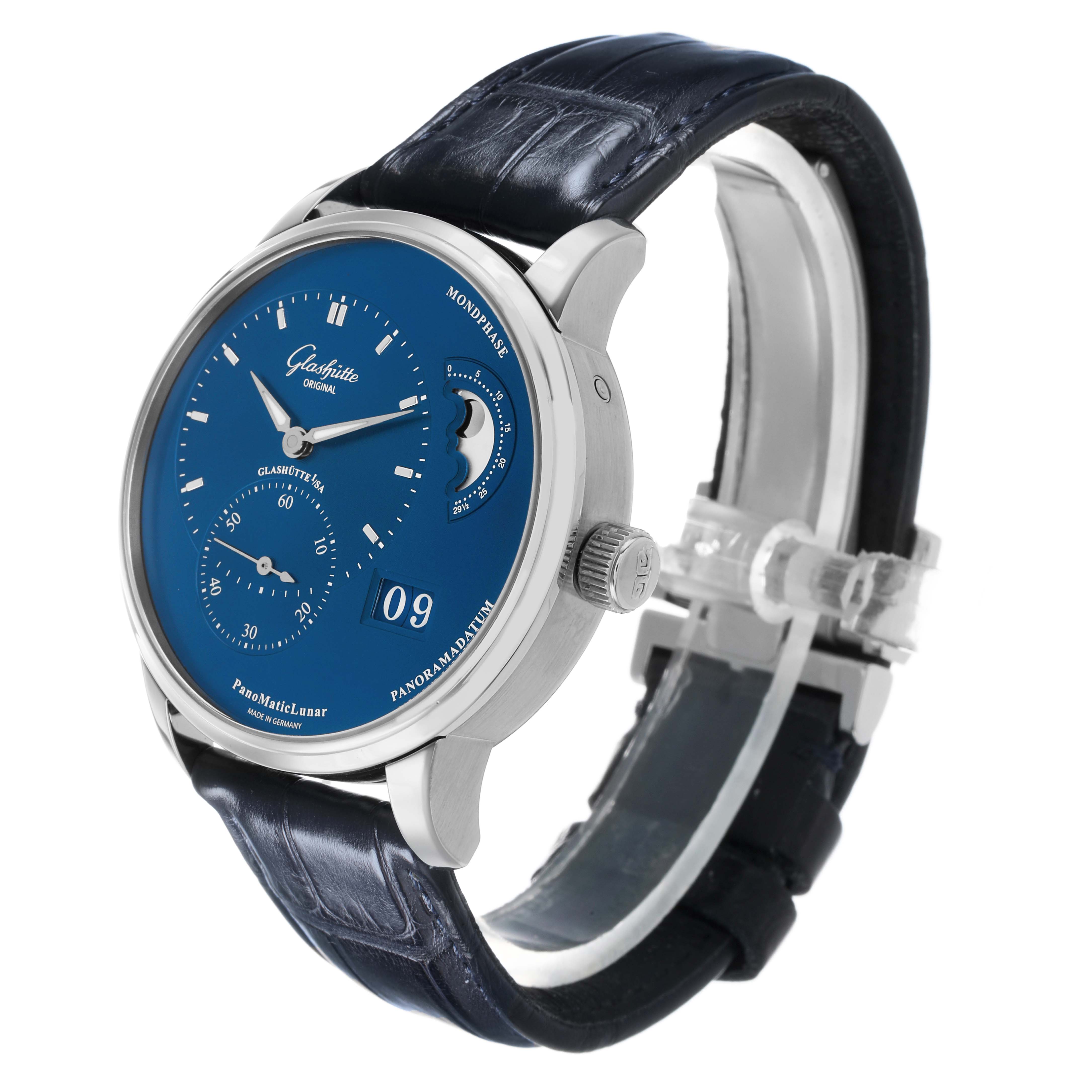 The Glashütte Pano model is shown at a three-quarter angle, highlighting the dial, moonphase, crown, and strap.