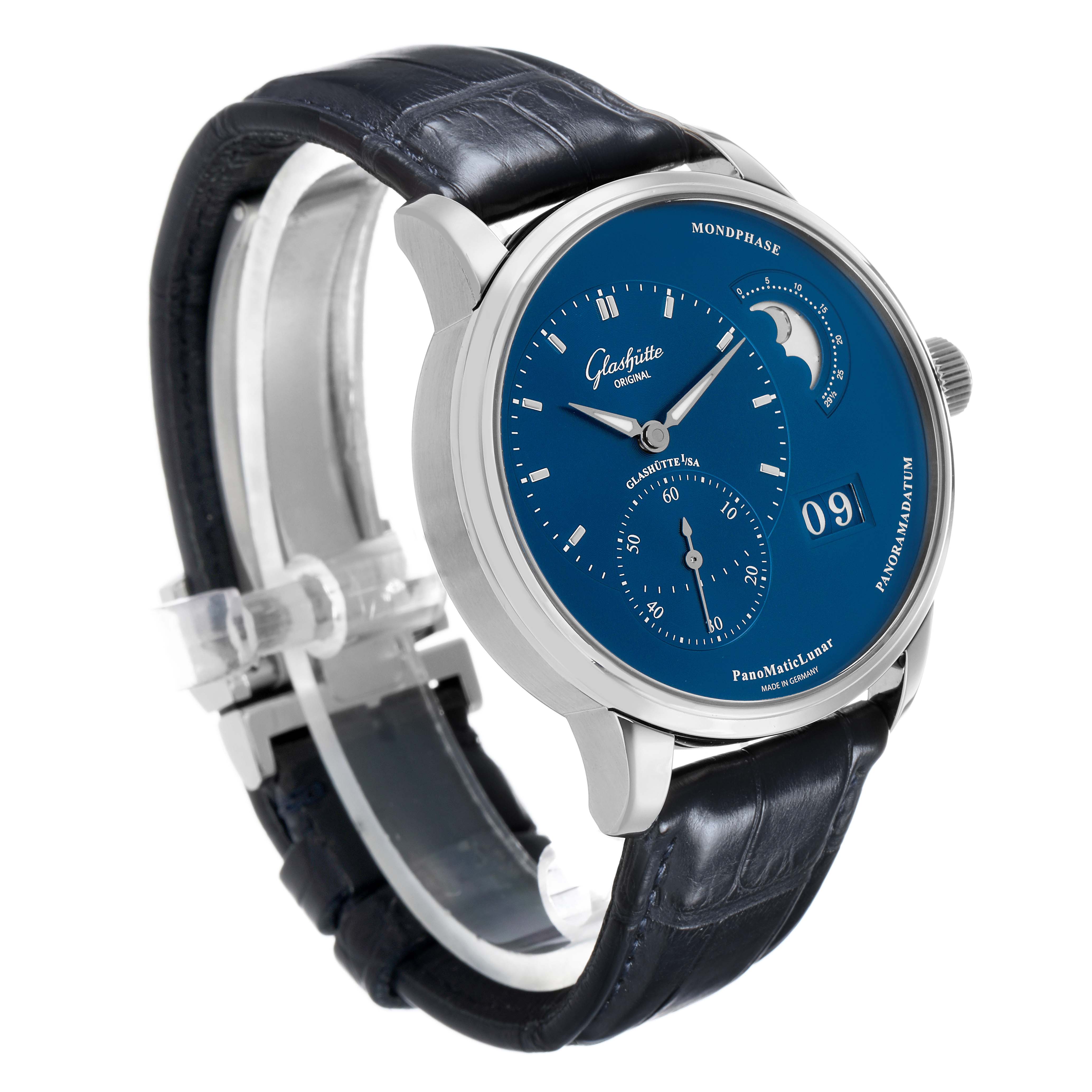 The Glashütte Pano watch is shown at a three-quarter angle, highlighting the dial, moon phase, and leather strap.