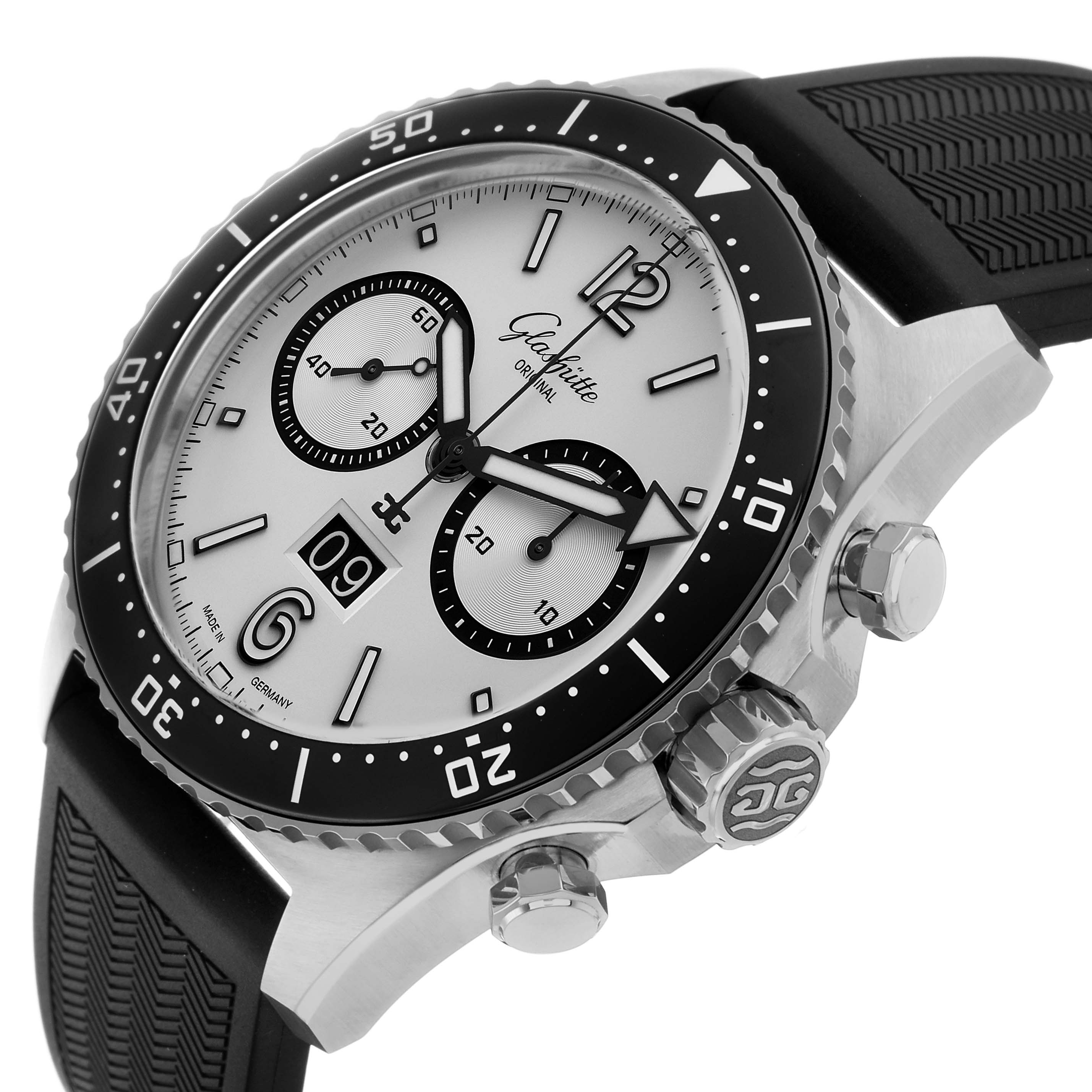 The Glashütte Original watch is shown at an oblique angle, highlighting the dial, bezel, pushers, and crown with a rubber strap.