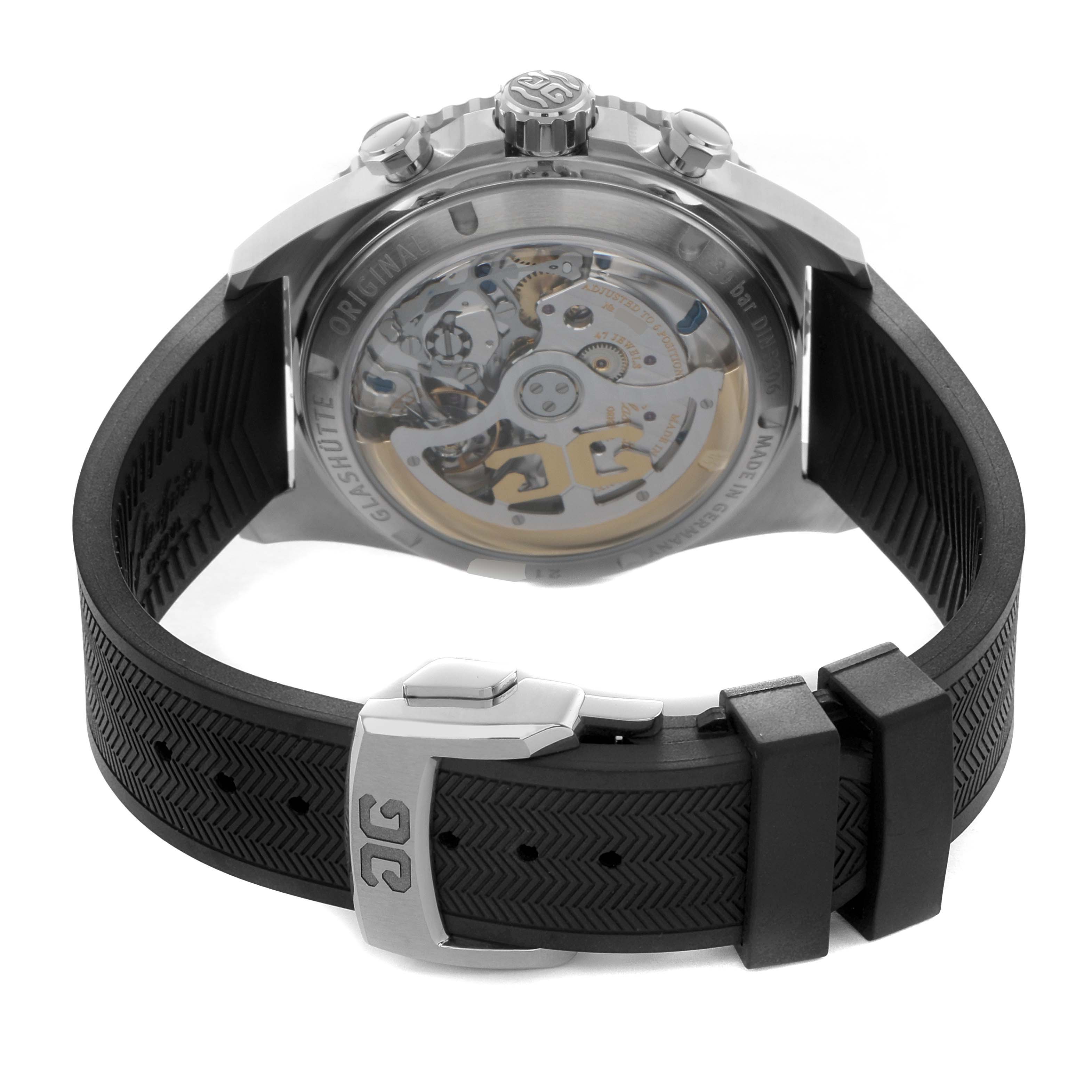 The Glashutte Original 13723038033 Men's Stainless Steel White Dial watch is shown from the back, featuring the open case back with visible movement and black textured strap.